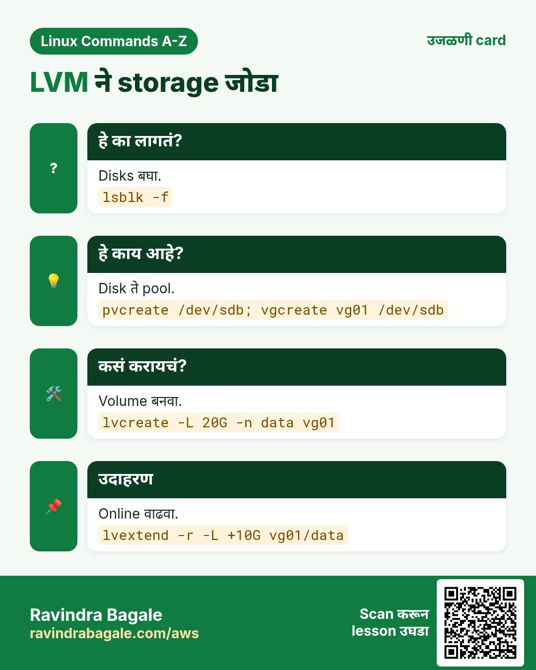 LVM ने storage जोडा. Disks बघा. Disk ते pool. Volume बनवा. Online वाढवा.
