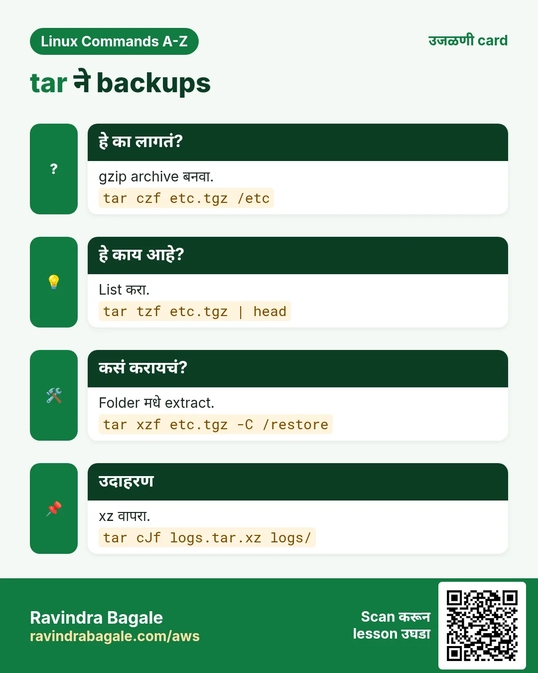 tar ने backups. gzip archive बनवा. List करा. Folder मधे extract. xz वापरा.