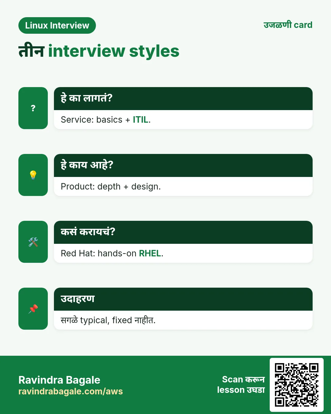 तीन interview styles. Service: basics + ITIL. Product: depth + design. Red Hat: hands-on RHEL. सगळे typical, fixed नाहीत.