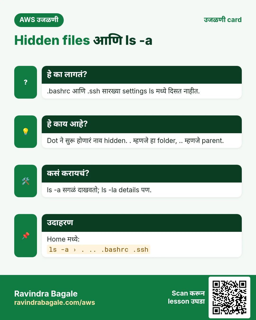 उजळणी card: Hidden files आणि ls -a. .bashrc आणि .ssh सारख्या settings ls मध्ये दिसत नाहीत. Dot ने सुरू होणारं नाव hidden. . म्हणजे हा folder, .. म्हणजे parent. ls -a सगळं दाखवतो; ls -la details पण. Home मध्ये: