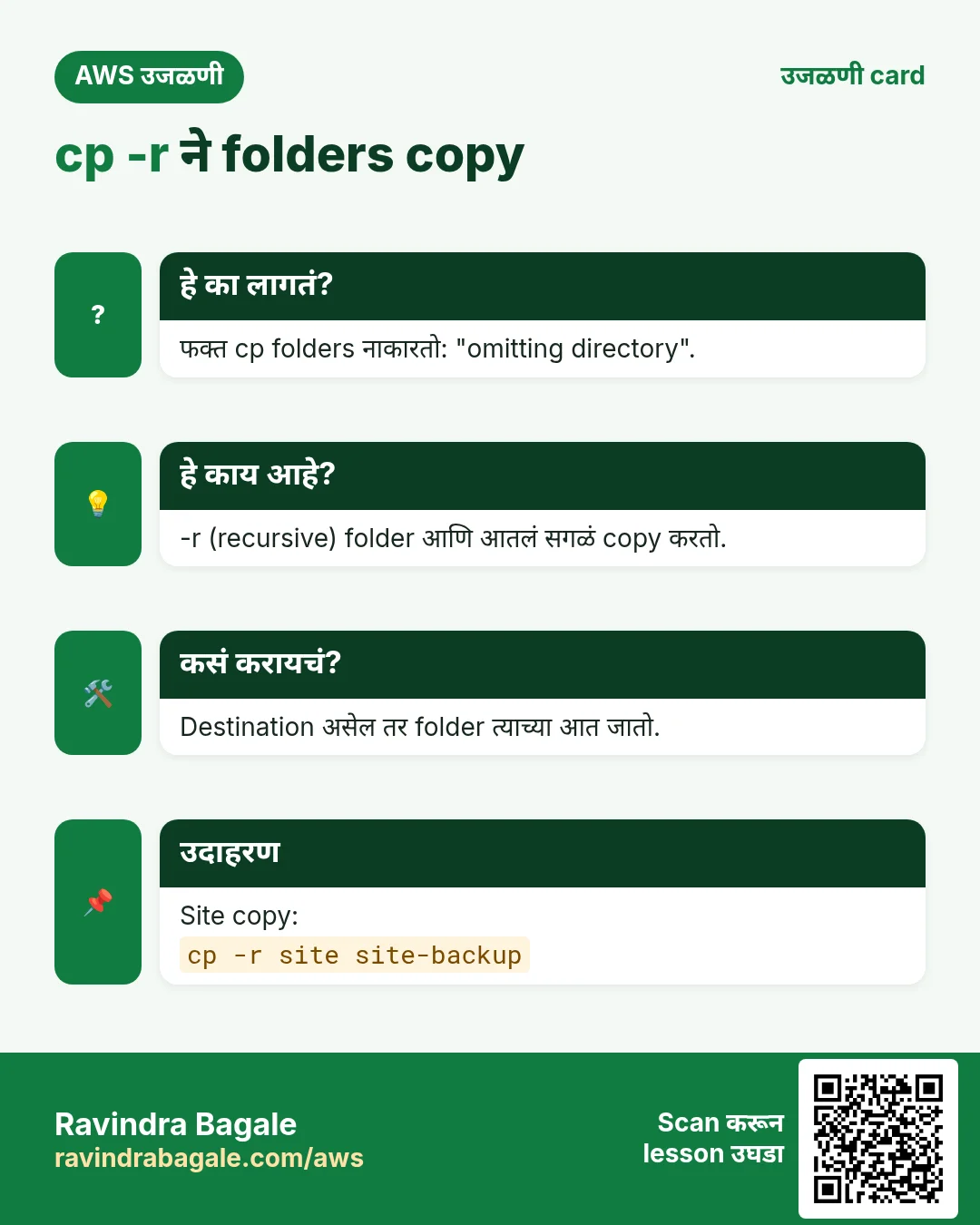 उजळणी card: cp -r ने folders copy. फक्त cp folders नाकारतो: "omitting directory". -r (recursive) folder आणि आतलं सगळं copy करतो. Destination असेल तर folder त्याच्या आत जातो. Site copy: