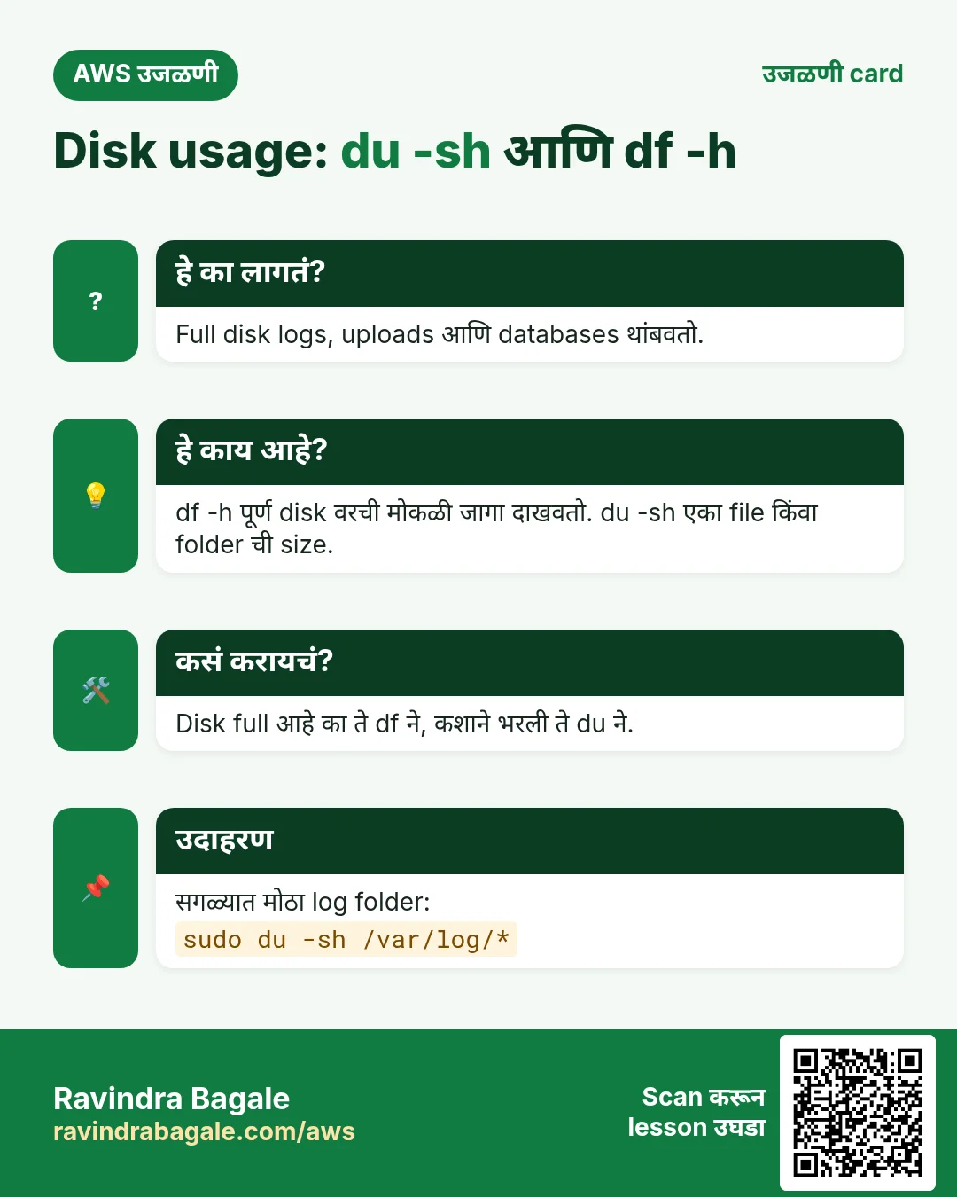 उजळणी card: Disk usage: du -sh आणि df -h. Full disk logs, uploads आणि databases थांबवतो. df -h पूर्ण disk वरची मोकळी जागा दाखवतो. du -sh एका file किंवा folder ची size. Disk full आहे का ते df ने, कशाने भरली ते du ने. सगळ्यात मोठा log folder: