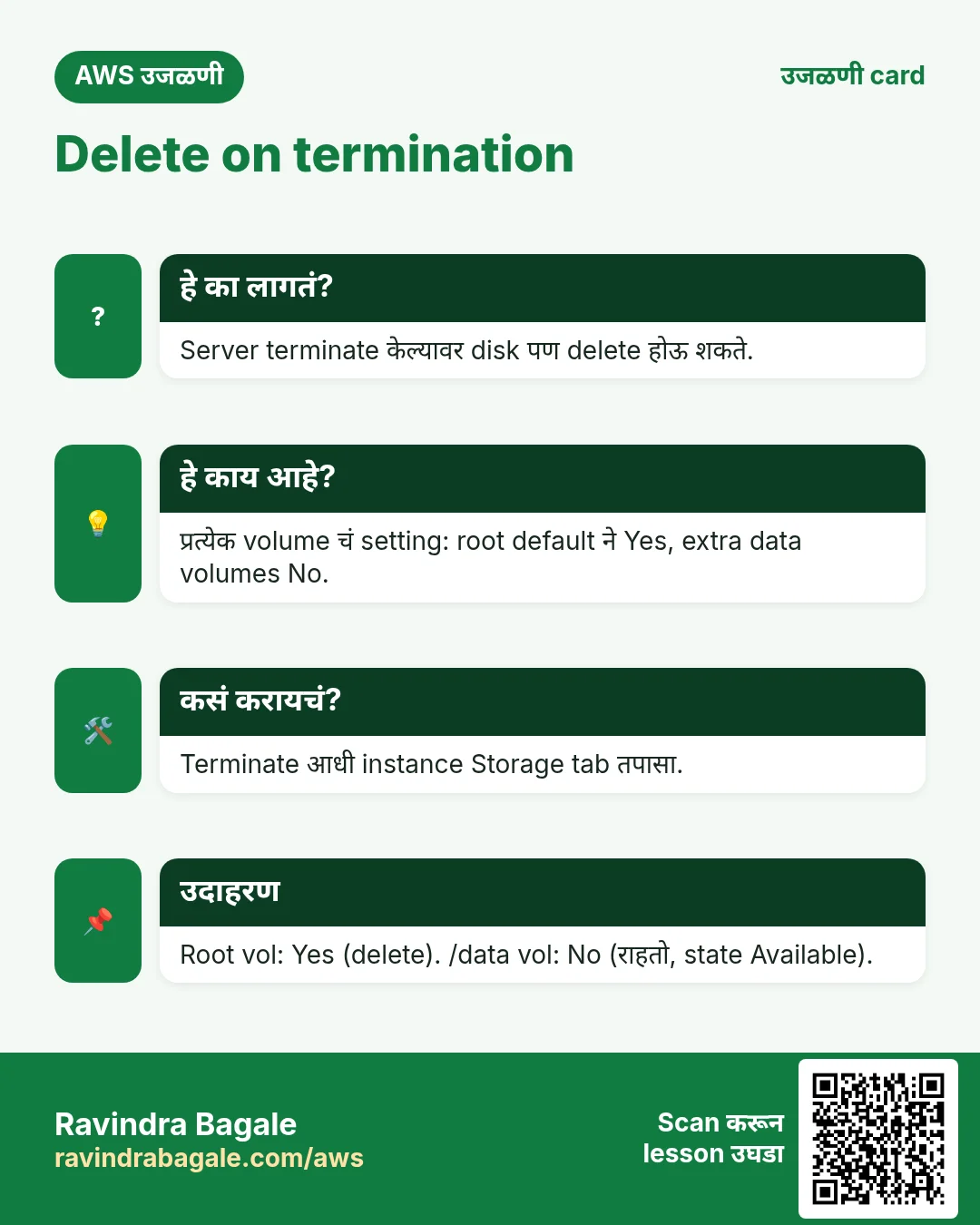 उजळणी card: Delete on termination. Server terminate केल्यावर disk पण delete होऊ शकते. प्रत्येक volume चं setting: root default ने Yes, extra data volumes No. Terminate आधी instance Storage tab तपासा. Root vol: Yes (delete). /data vol: No (राहतो, state Available).