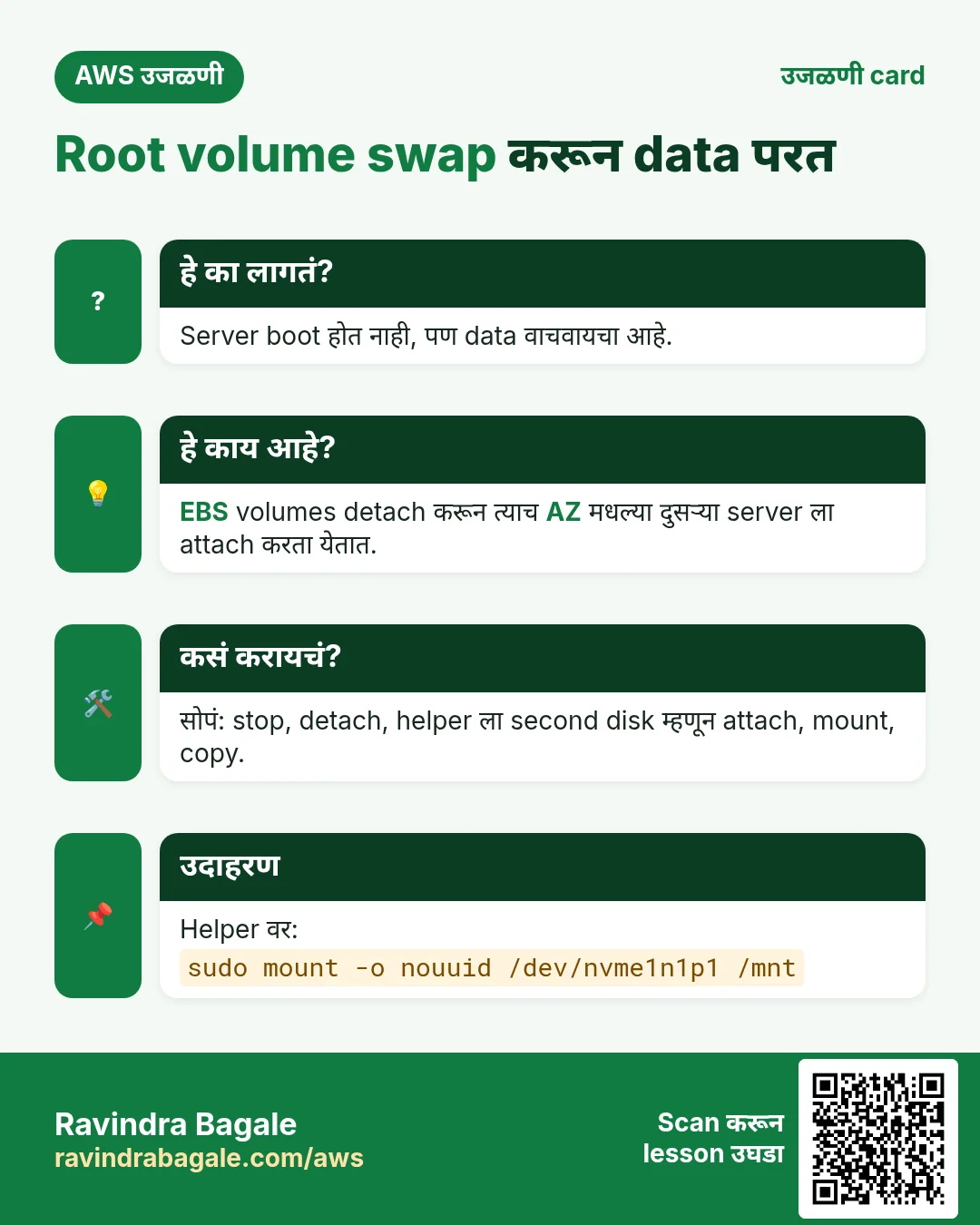 उजळणी card: Root volume swap करून data परत. Server boot होत नाही, पण data वाचवायचा आहे. EBS volumes detach करून त्याच AZ मधल्या दुसऱ्या server ला attach करता येतात. सोपं: stop, detach, helper ला second disk म्हणून attach, mount, copy. Helper वर:
