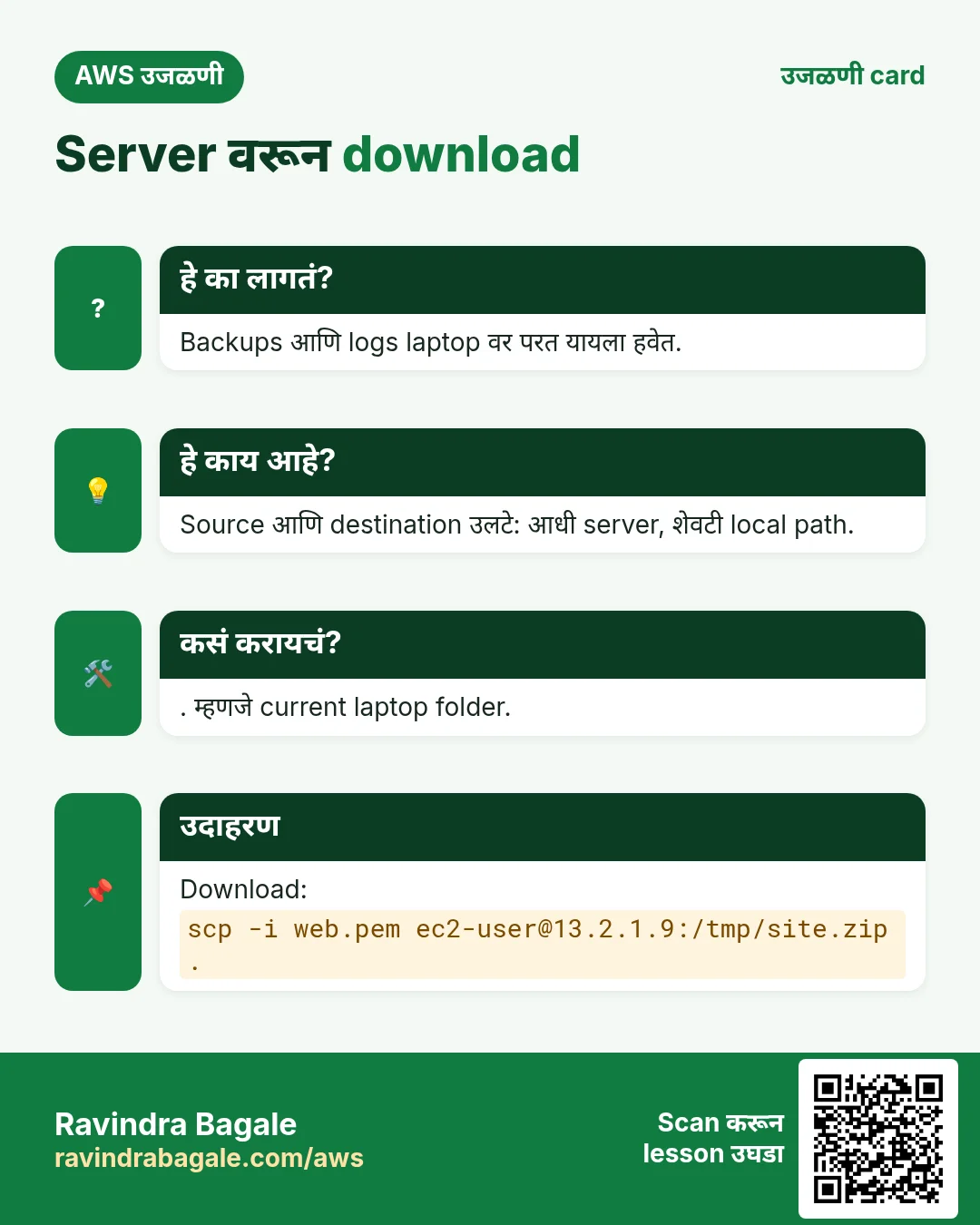 उजळणी card: Server वरून download. Backups आणि logs laptop वर परत यायला हवेत. Source आणि destination उलटे: आधी server, शेवटी local path. . म्हणजे current laptop folder. Download: