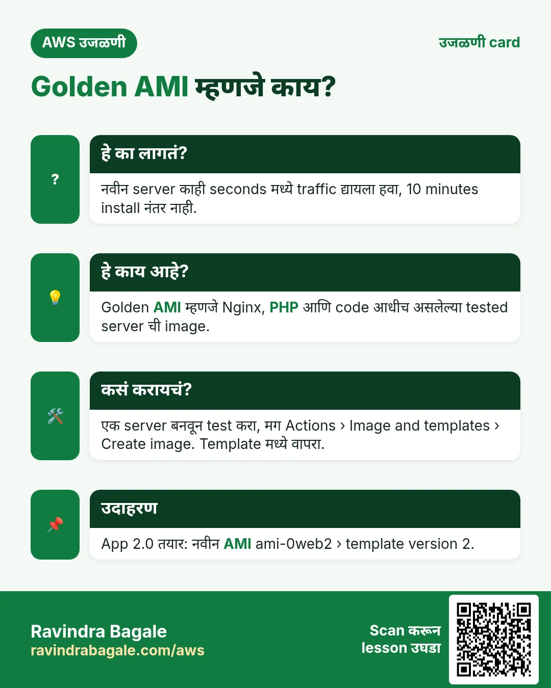 उजळणी card: Golden AMI म्हणजे काय?. नवीन server काही seconds मध्ये traffic द्यायला हवा, 10 minutes install नंतर नाही. Golden AMI म्हणजे Nginx, PHP आणि code आधीच असलेल्या tested server ची image. एक server बनवून test करा, मग Actions › Image and templates › Create image. Template मध्ये वापरा. App 2.0 तयार: नवीन AMI ami-0web2 › template version 2.
