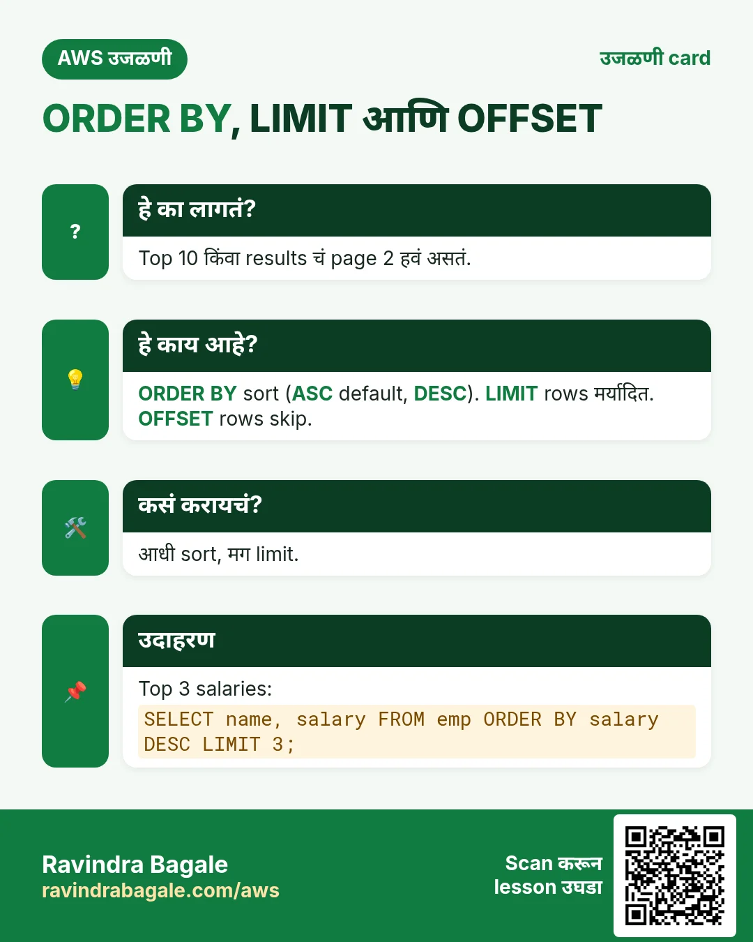 उजळणी card: ORDER BY, LIMIT आणि OFFSET. Top 10 किंवा results चं page 2 हवं असतं. ORDER BY sort (ASC default, DESC). LIMIT rows मर्यादित. OFFSET rows skip. आधी sort, मग limit. Top 3 salaries: