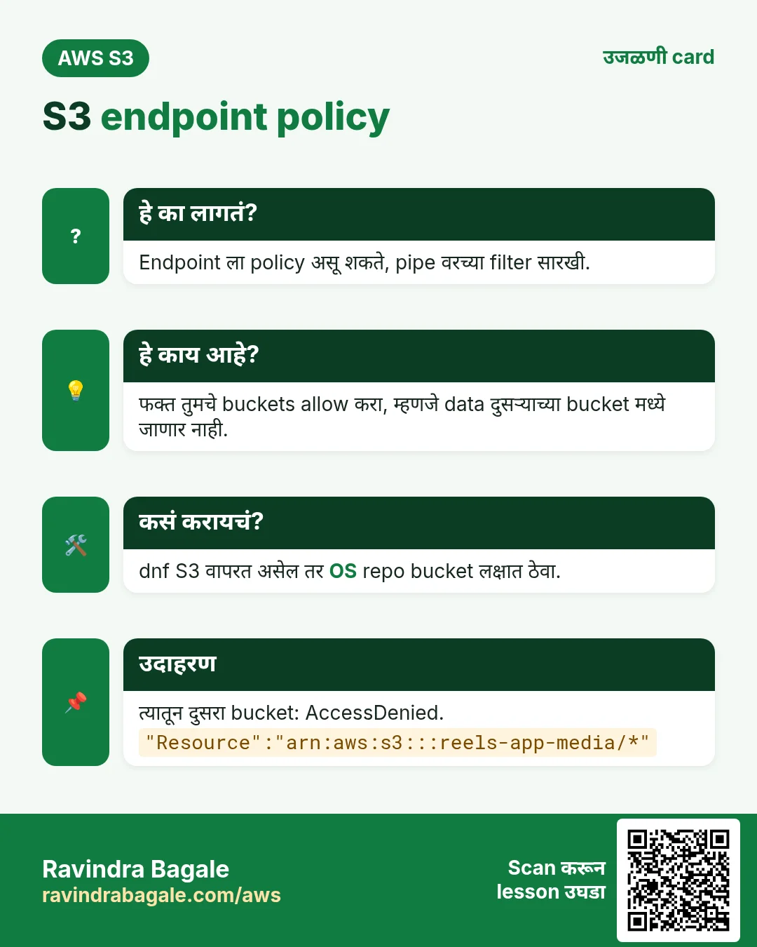 उजळणी card: S3 endpoint policy. Endpoint ला policy असू शकते, pipe वरच्या filter सारखी. फक्त तुमचे buckets allow करा, म्हणजे data दुसऱ्याच्या bucket मध्ये जाणार नाही. dnf S3 वापरत असेल तर OS repo bucket लक्षात ठेवा. त्यातून दुसरा bucket: AccessDenied.