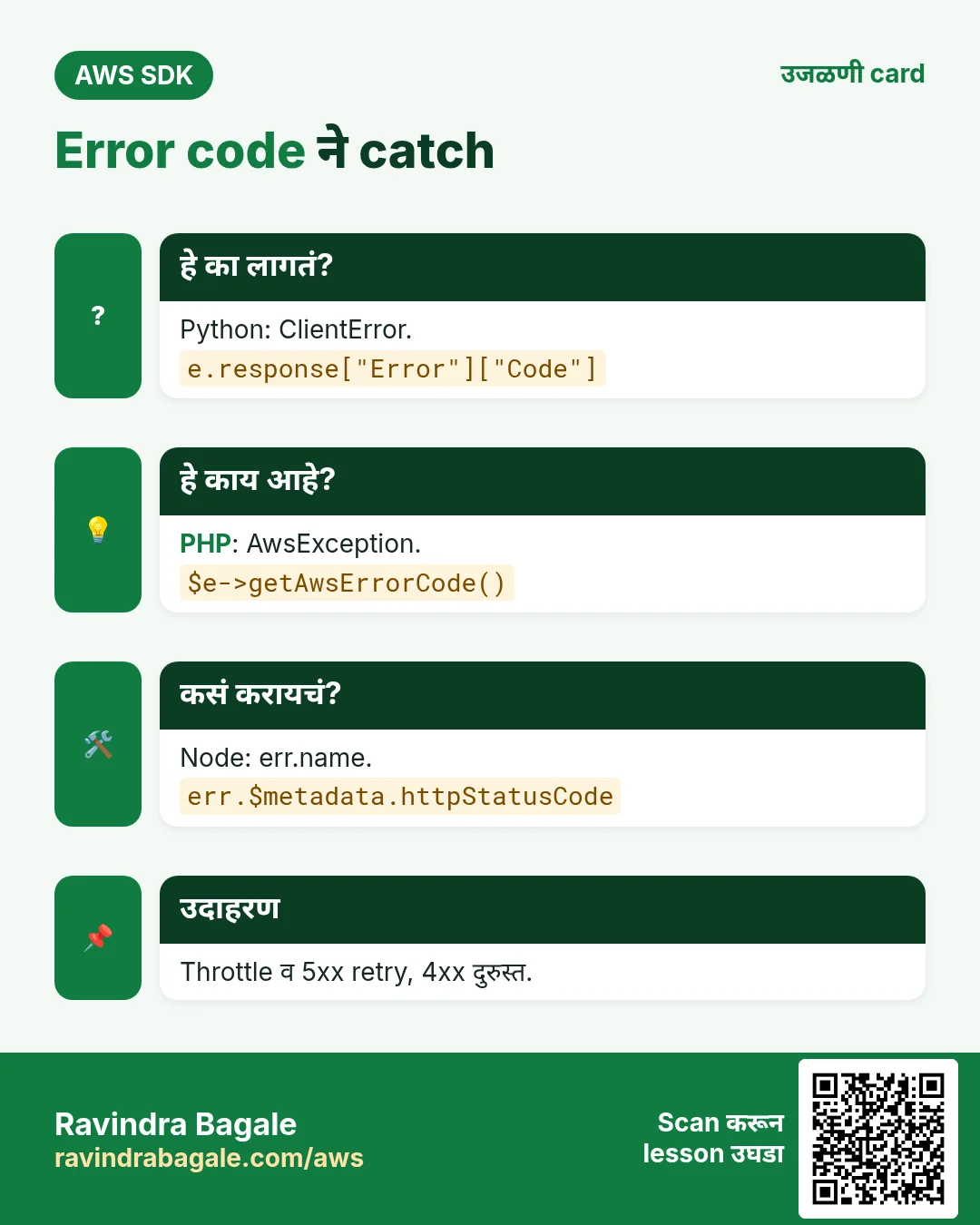 Error code ने catch. Python: ClientError. PHP: AwsException. Node: err.name. Throttle व 5xx retry, 4xx दुरुस्त.