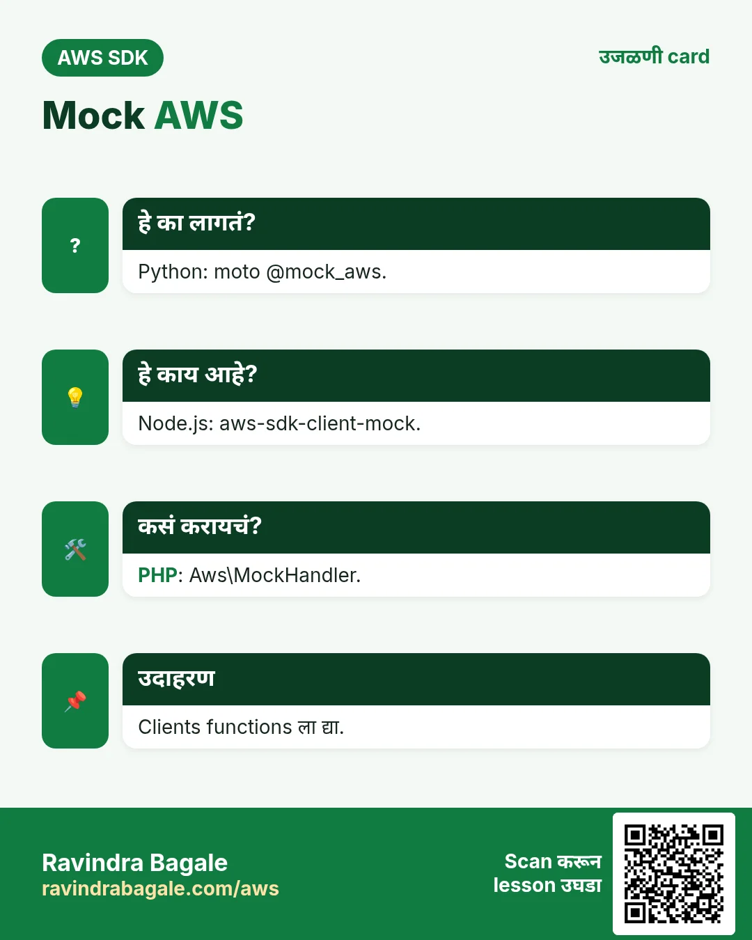 Mock AWS. Python: moto @mock_aws. Node.js: aws-sdk-client-mock. PHP: Aws\MockHandler. Clients functions ला द्या.