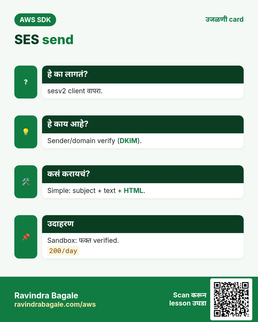 SES send. sesv2 client वापरा. Sender/domain verify (DKIM). Simple: subject + text + HTML. Sandbox: फक्त verified.