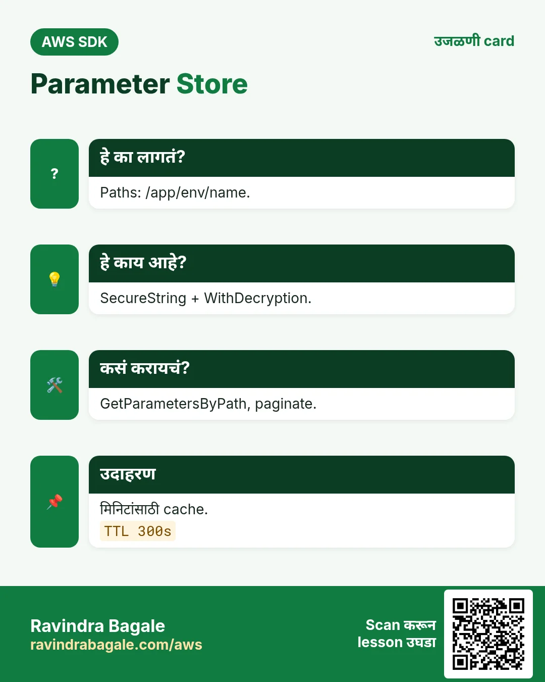 Parameter Store. Paths: /app/env/name. SecureString + WithDecryption. GetParametersByPath, paginate. मिनिटांसाठी cache.