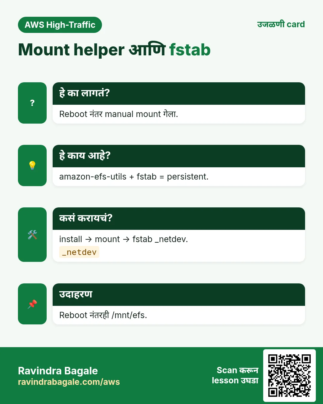 उजळणी card: Mount helper आणि fstab. Reboot नंतर manual mount गेला. amazon-efs-utils + fstab = persistent. install → mount → fstab _netdev. Reboot नंतरही /mnt/efs.