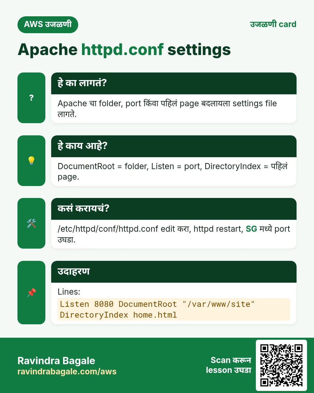 उजळणी card: Apache httpd.conf settings. Apache चा folder, port किंवा पहिलं page बदलायला settings file लागते. DocumentRoot = folder, Listen = port, DirectoryIndex = पहिलं page. /etc/httpd/conf/httpd.conf edit करा, httpd restart, SG मध्ये port उघडा. Lines: