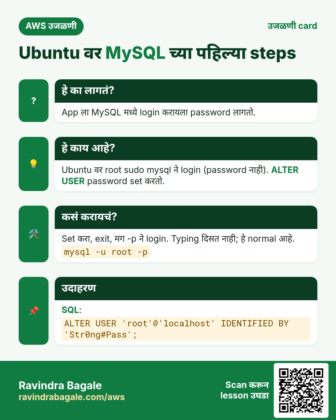 उजळणी card: Ubuntu वर MySQL च्या पहिल्या steps. App ला MySQL मध्ये login करायला password लागतो. Ubuntu वर root sudo mysql ने login (password नाही). ALTER USER password set करतो. Set करा, exit, मग -p ने login. Typing दिसत नाही; हे normal आहे. SQL: