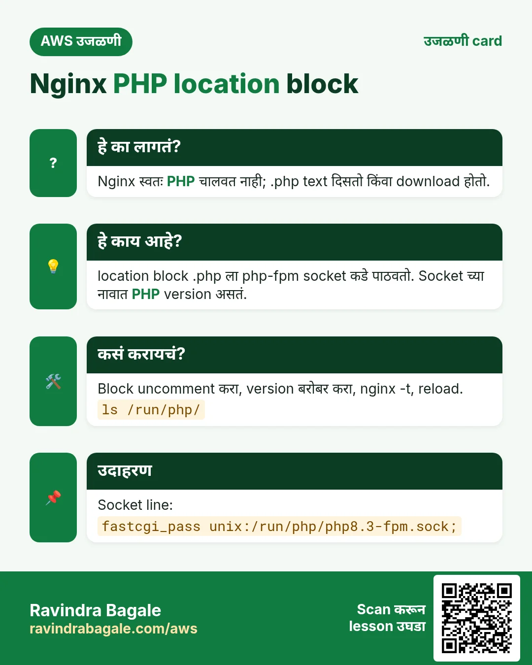 उजळणी card: Nginx PHP location block. Nginx स्वतः PHP चालवत नाही; .php text दिसतो किंवा download होतो. location block .php ला php-fpm socket कडे पाठवतो. Socket च्या नावात PHP version असतं. Block uncomment करा, version बरोबर करा, nginx -t, reload. Socket line: