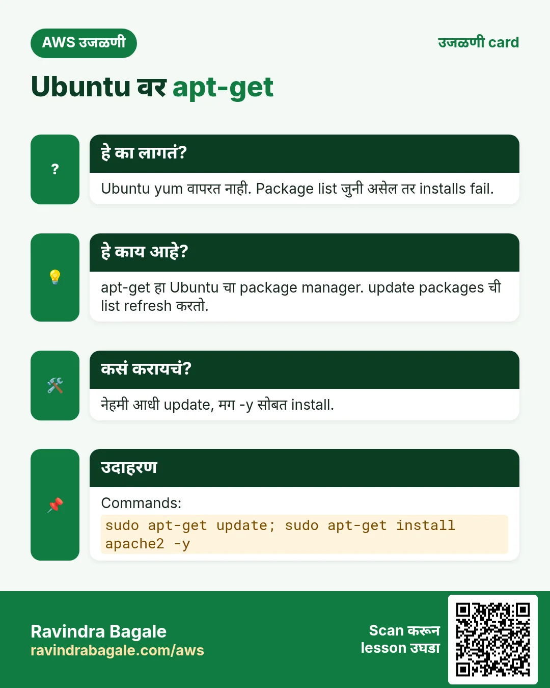 उजळणी card: Ubuntu वर apt-get. Ubuntu yum वापरत नाही. Package list जुनी असेल तर installs fail. apt-get हा Ubuntu चा package manager. update packages ची list refresh करतो. नेहमी आधी update, मग -y सोबत install. Commands: