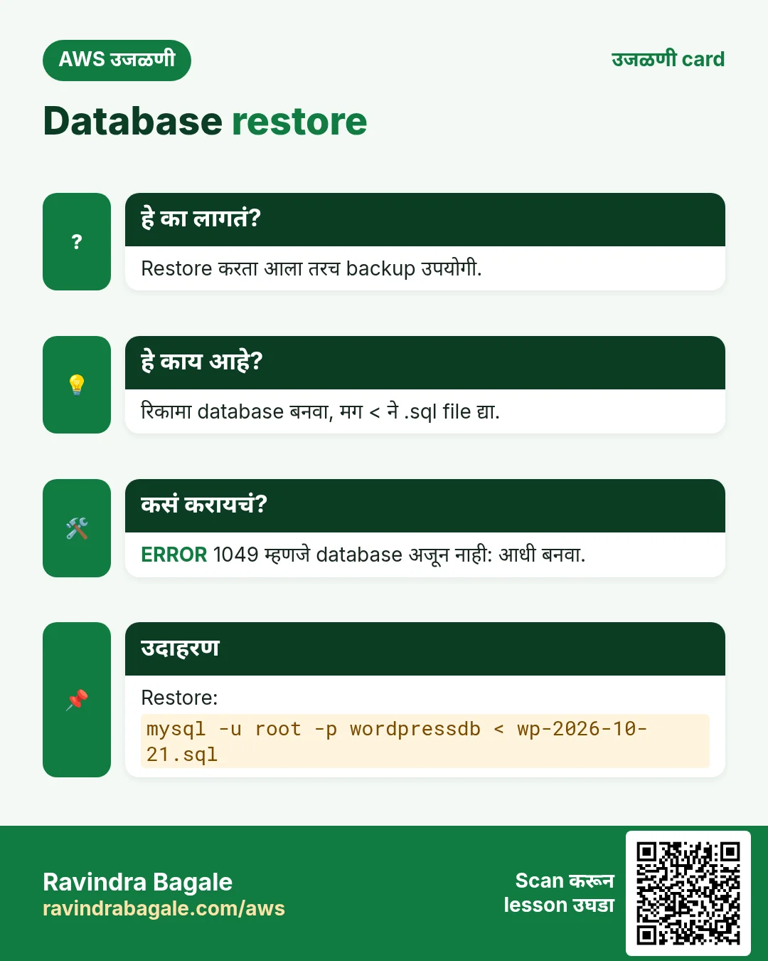 उजळणी card: Database restore. Restore करता आला तरच backup उपयोगी. रिकामा database बनवा, मग < ने .sql file द्या. ERROR 1049 म्हणजे database अजून नाही: आधी बनवा. Restore: