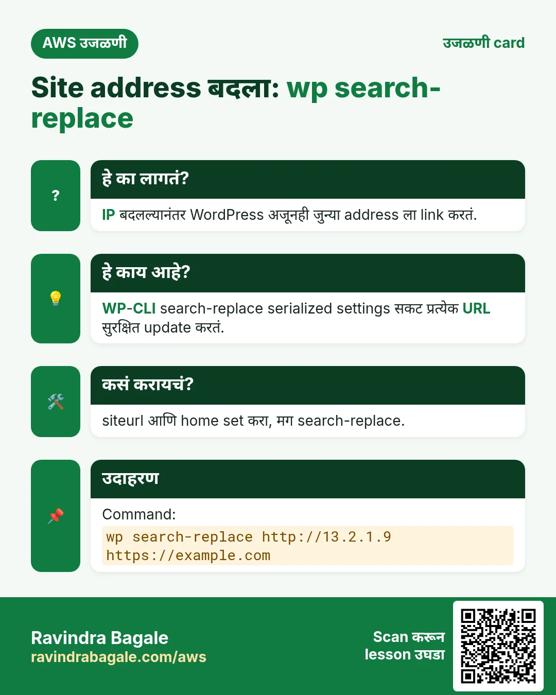 उजळणी card: Site address बदला: wp search-replace. IP बदलल्यानंतर WordPress अजूनही जुन्या address ला link करतं. WP-CLI search-replace serialized settings सकट प्रत्येक URL सुरक्षित update करतं. siteurl आणि home set करा, मग search-replace. Command: