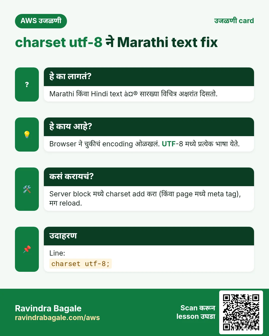 उजळणी card: charset utf-8 ने Marathi text fix. Marathi किंवा Hindi text à¤® सारख्या विचित्र अक्षरांत दिसतो. Browser ने चुकीचं encoding ओळखलं. UTF-8 मध्ये प्रत्येक भाषा येते. Server block मध्ये charset add करा (किंवा page मध्ये meta tag), मग reload. Line: