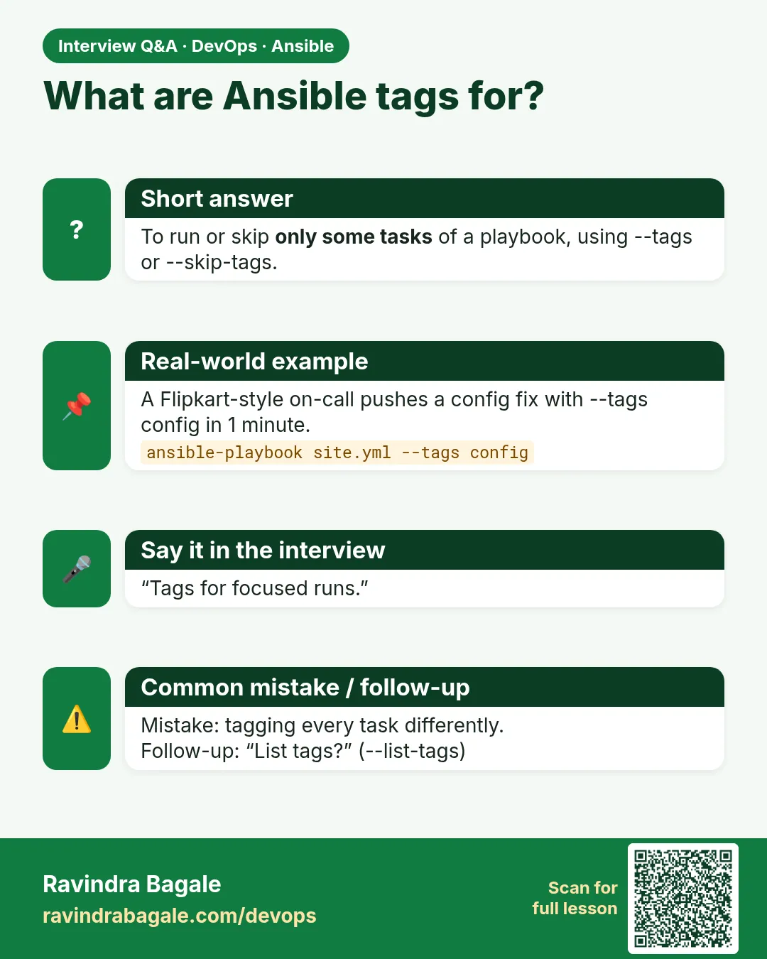 What are Ansible tags for? To run or skip only some tasks of a playbook, using --tags or --skip-tags.