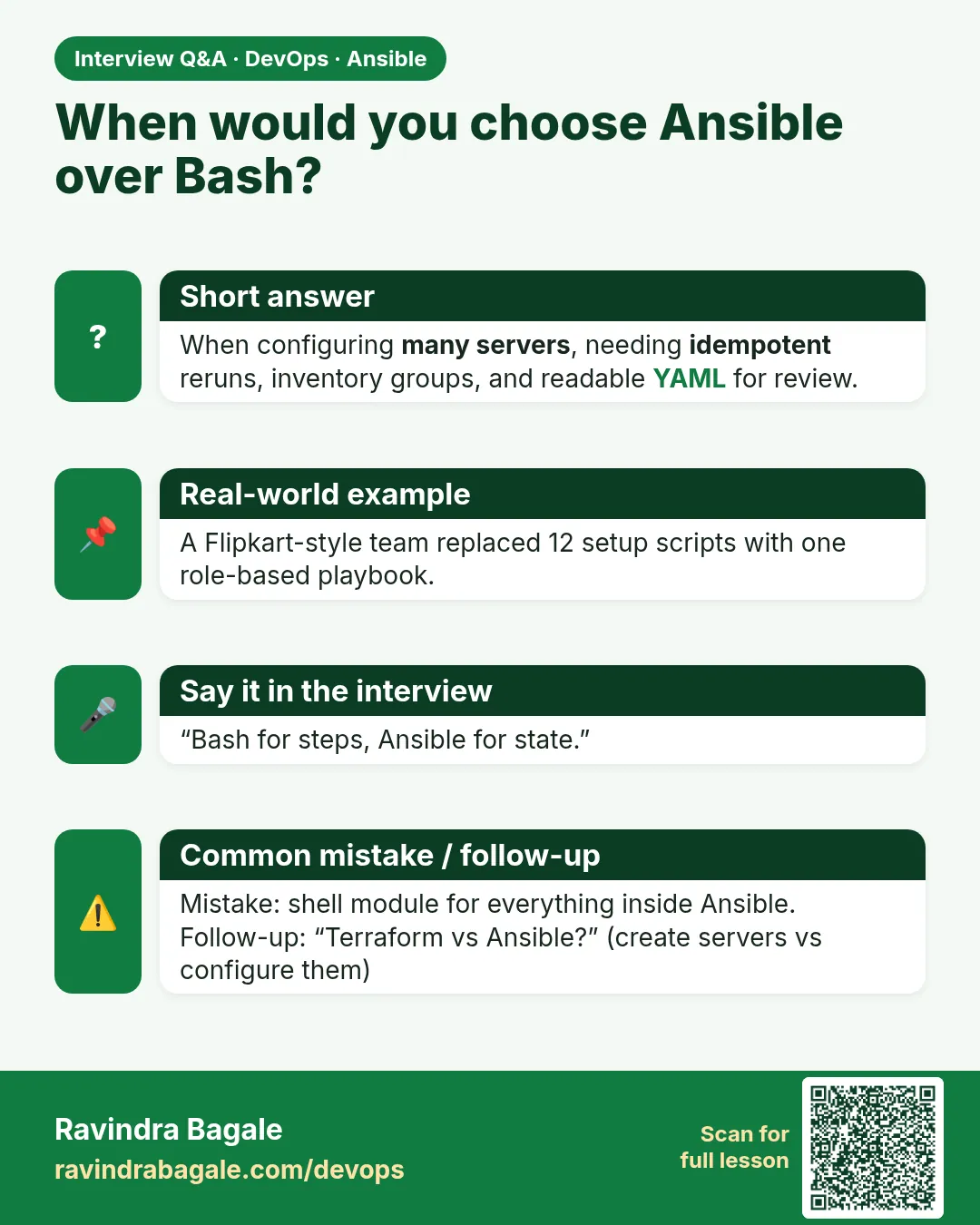 When would you choose Ansible over Bash? When configuring many servers, needing idempotent reruns, inventory groups, and readable YAML for review.
