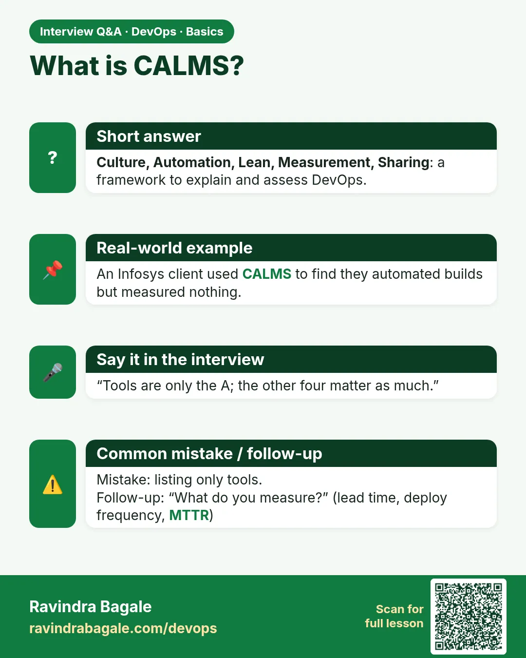 What is CALMS? Culture, Automation, Lean, Measurement, Sharing: a framework to explain and assess DevOps.