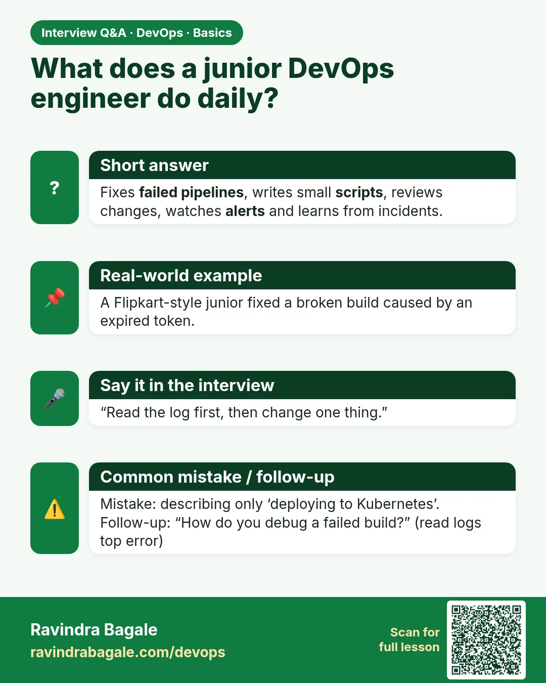 What does a junior DevOps engineer do daily? Fixes failed pipelines, writes small scripts, reviews changes, watches alerts and learns from incidents.
