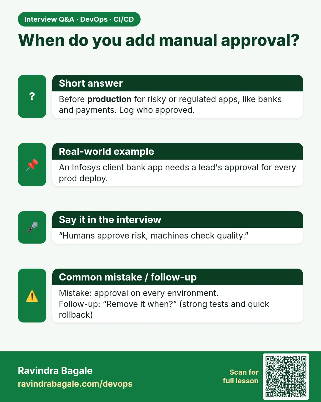 When do you add manual approval? Before production for risky or regulated apps, like banks and payments. Log who approved.