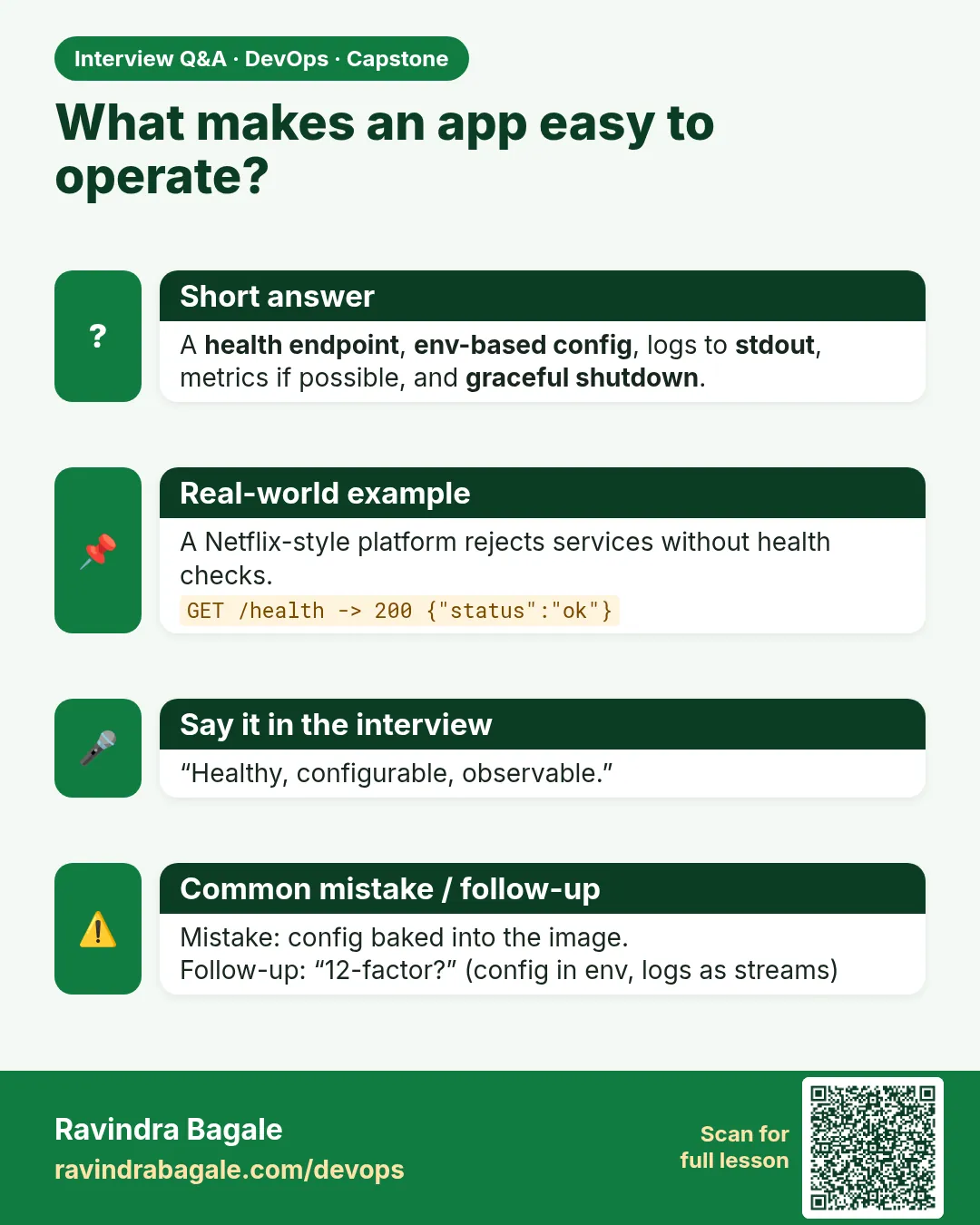 What makes an app easy to operate? A health endpoint, env-based config, logs to stdout, metrics if possible, and graceful shutdown.