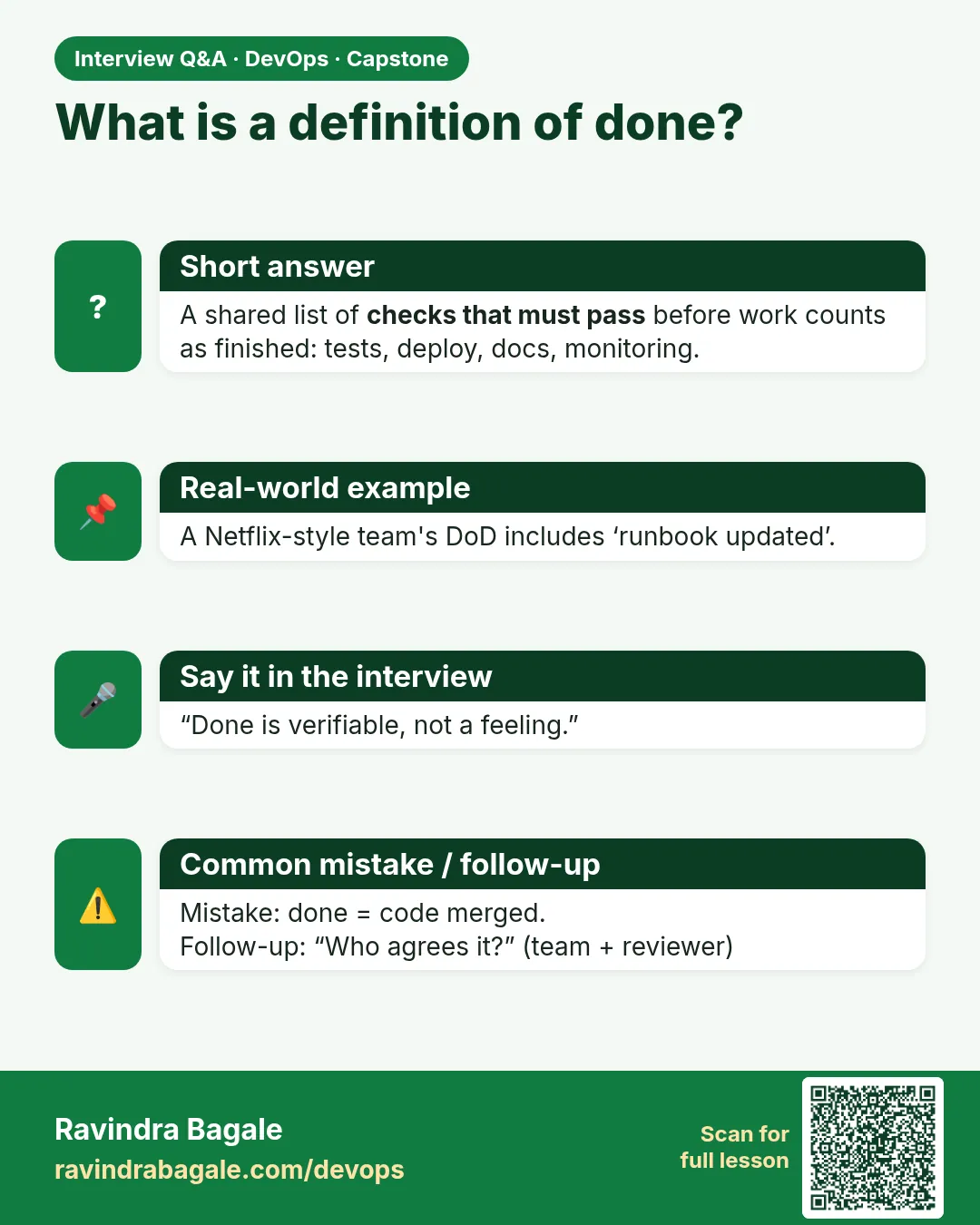 What is a definition of done? A shared list of checks that must pass before work counts as finished: tests, deploy, docs, monitoring.