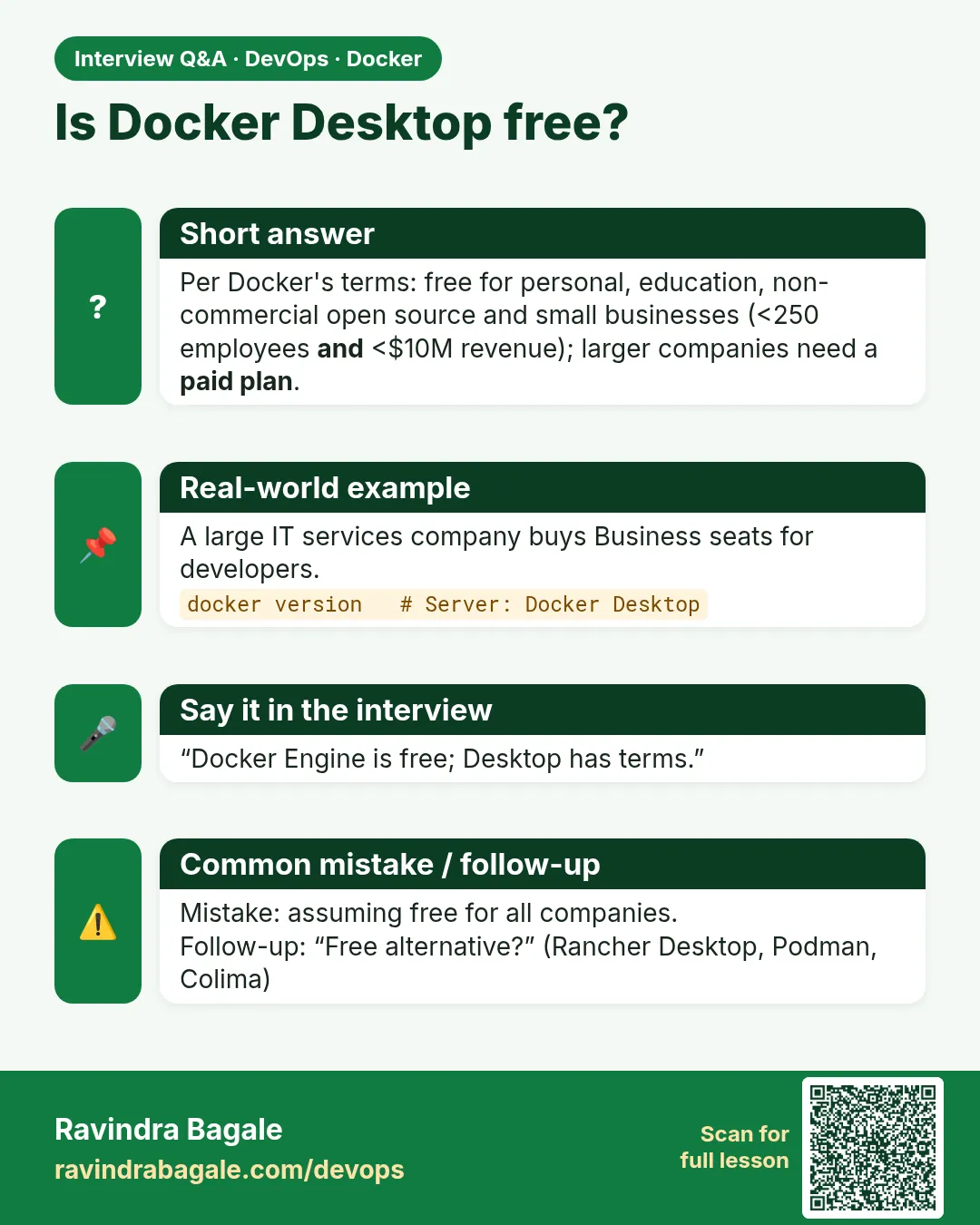 Is Docker Desktop free? Per Docker's terms: free for personal, education, non-commercial open source and small businesses (and paid plan.