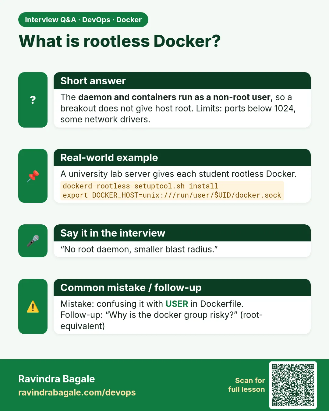 What is rootless Docker? The daemon and containers run as a non-root user, so a breakout does not give host root. Limits: ports below 1024, some network drivers.