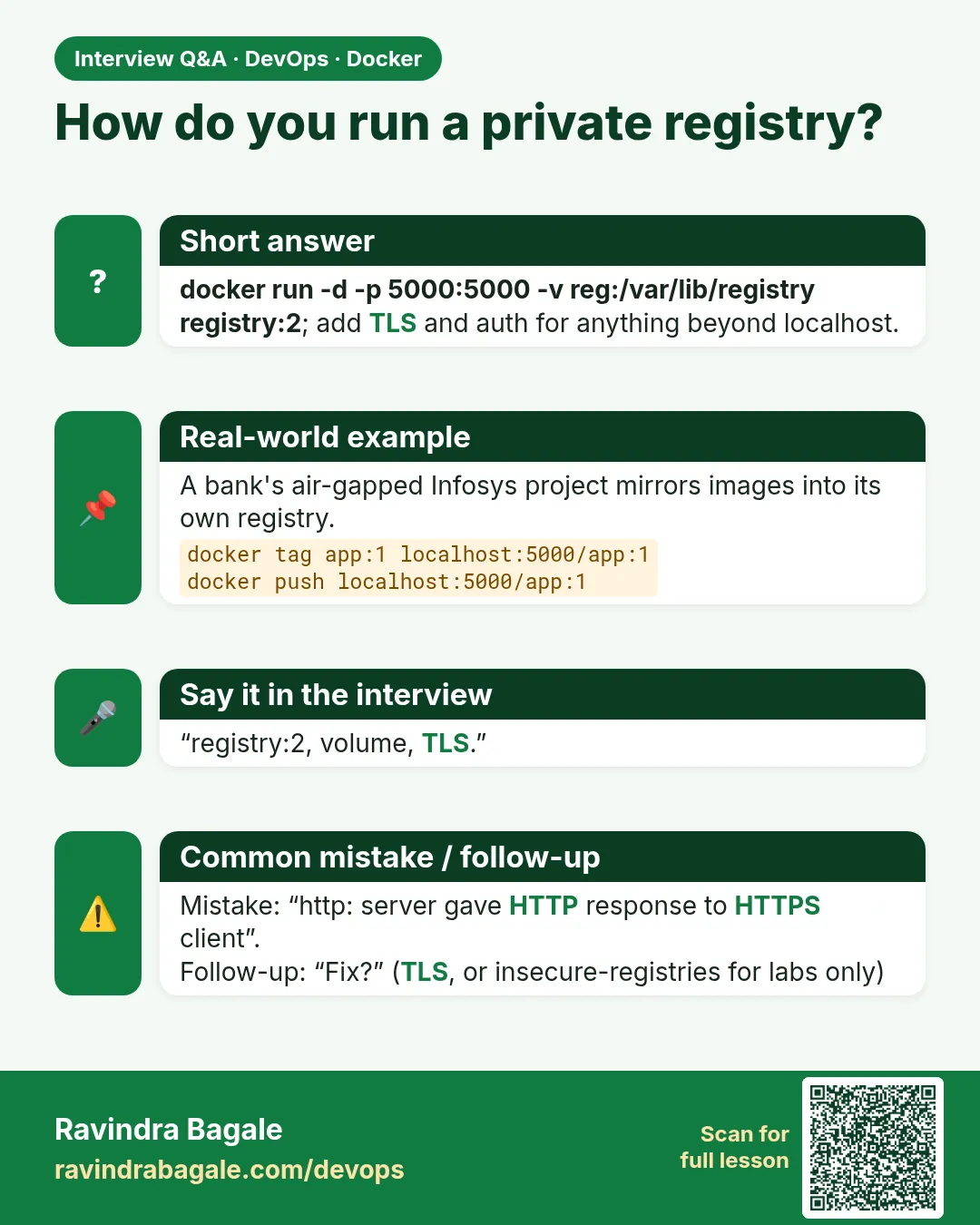 How do you run a private registry? docker run -d -p 5000:5000 -v reg:/var/lib/registry registry:2; add TLS and auth for anything beyond localhost.