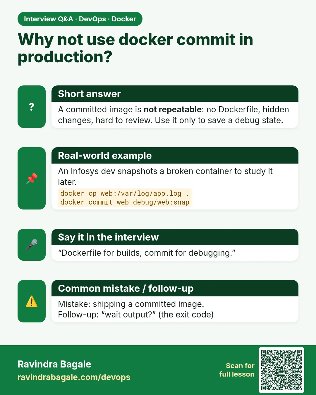 Why not use docker commit in production? A committed image is not repeatable: no Dockerfile, hidden changes, hard to review. Use it only to save a debug state.