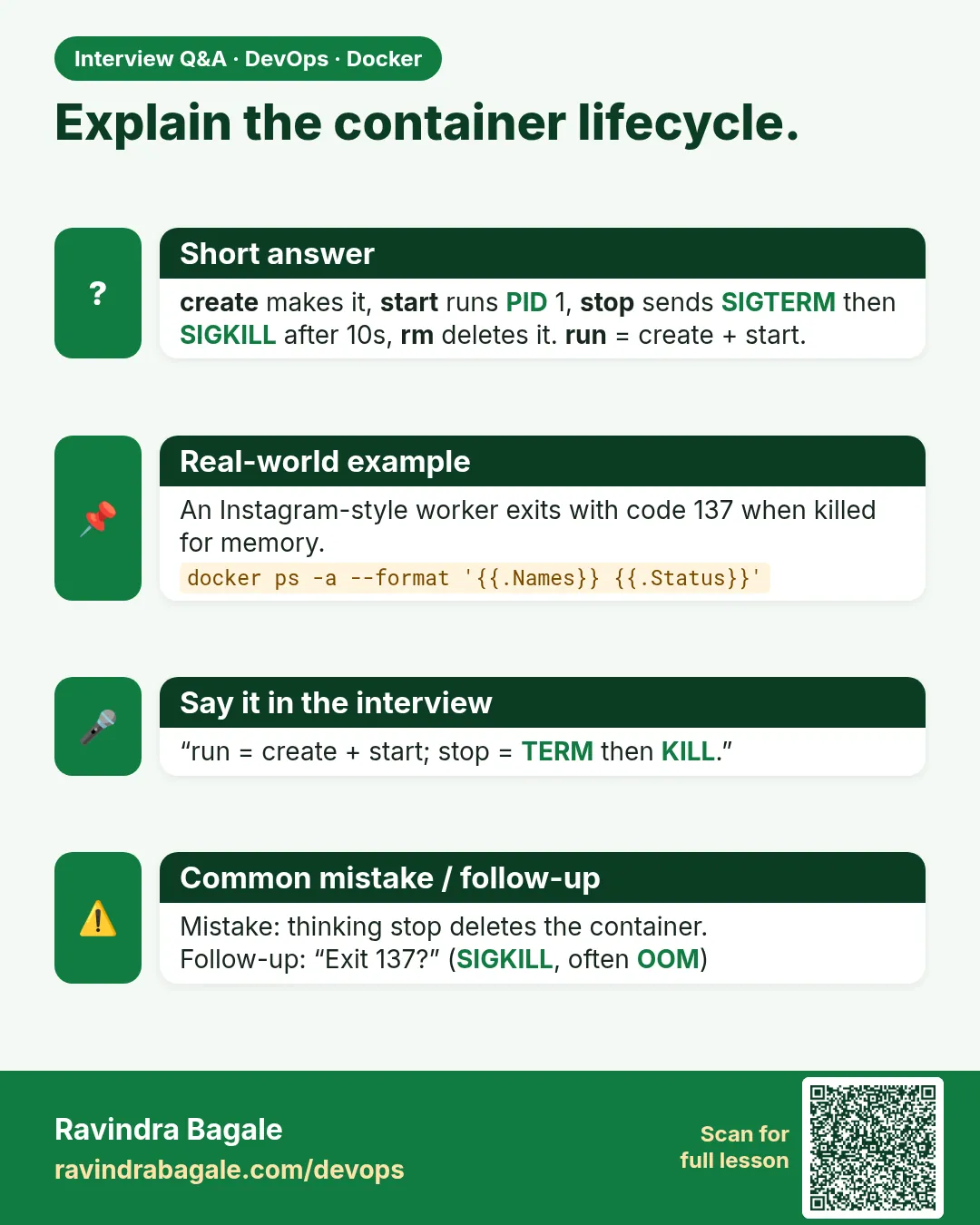 Explain the container lifecycle. create makes it, start runs PID 1, stop sends SIGTERM then SIGKILL after 10s, rm deletes it. run = create + start.