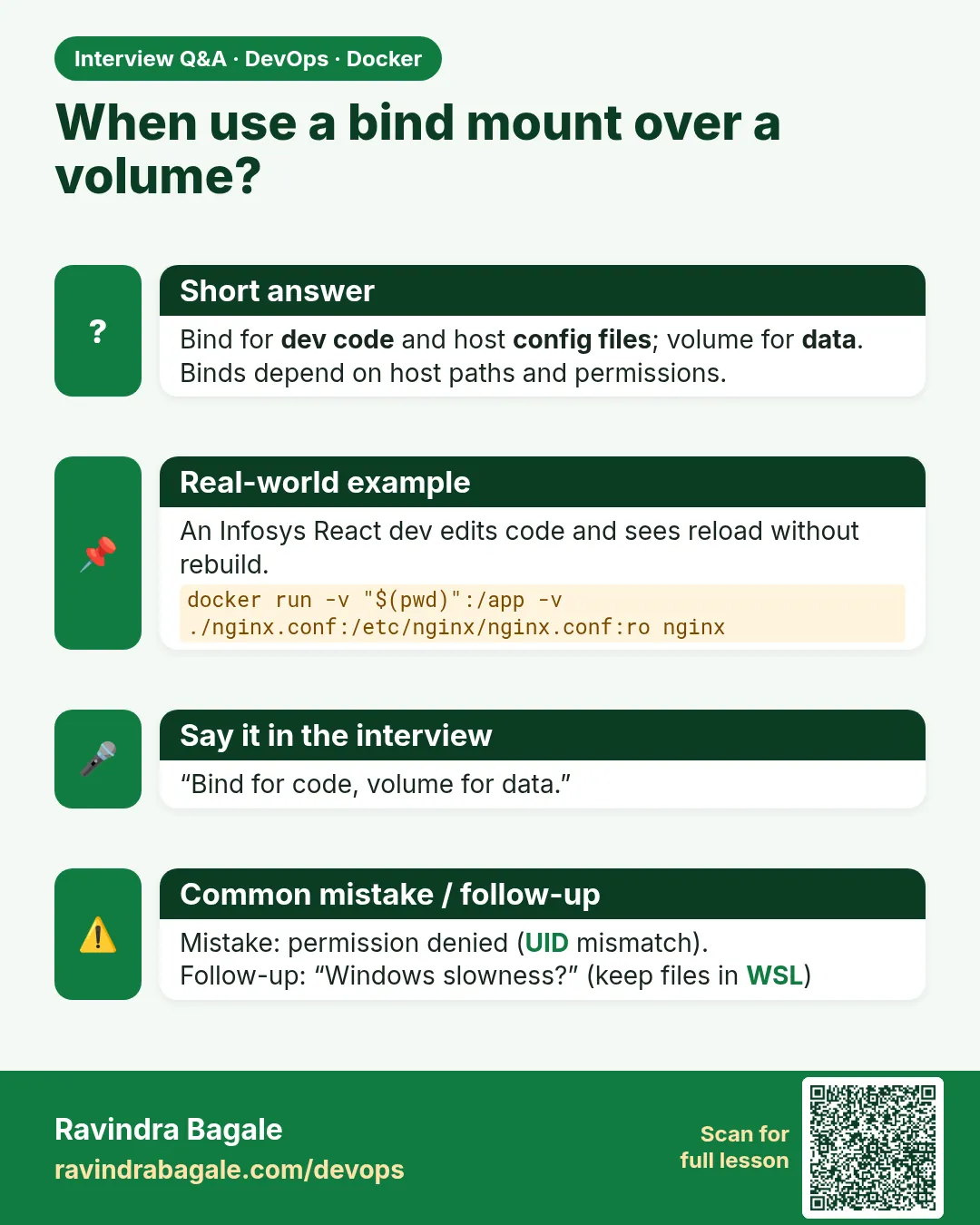 When use a bind mount over a volume? Bind for dev code and host config files; volume for data. Binds depend on host paths and permissions.
