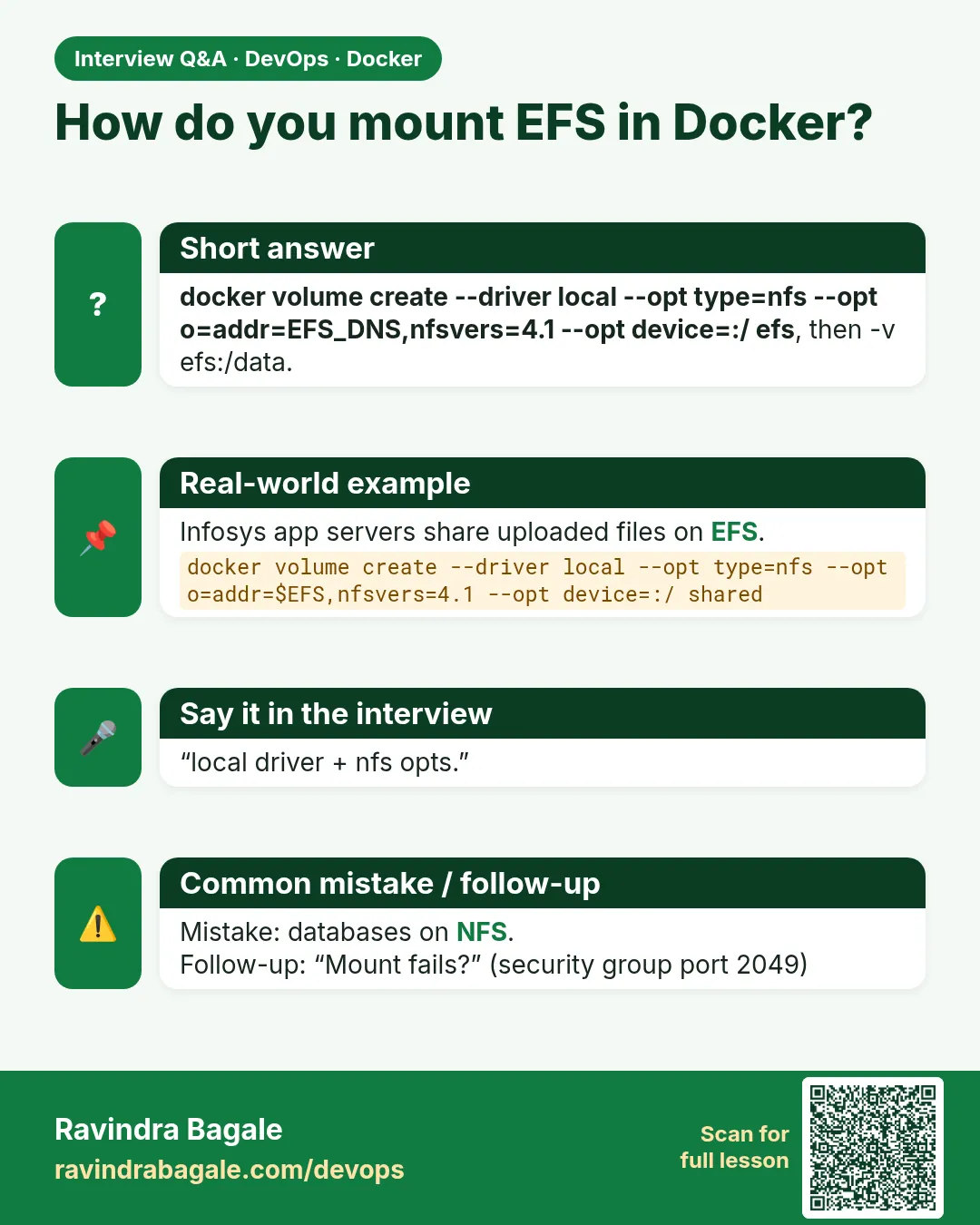 How do you mount EFS in Docker? docker volume create --driver local --opt type=nfs --opt o=addr=EFS_DNS,nfsvers=4.1 --opt device=:/ efs, then -v efs:/data.
