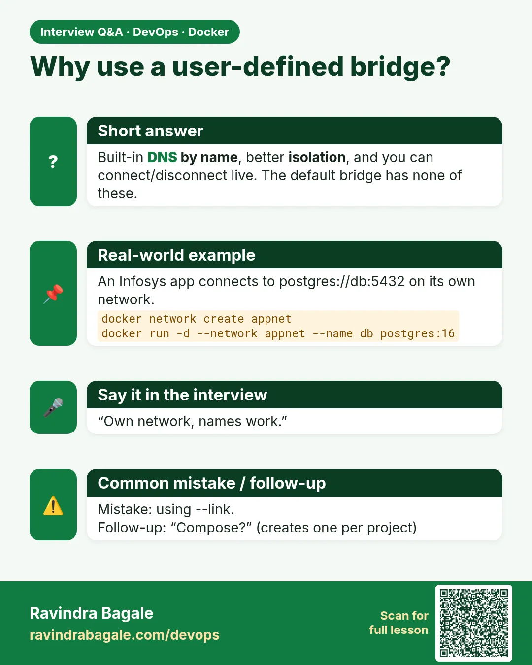 Why use a user-defined bridge? Built-in DNS by name, better isolation, and you can connect/disconnect live. The default bridge has none of these.