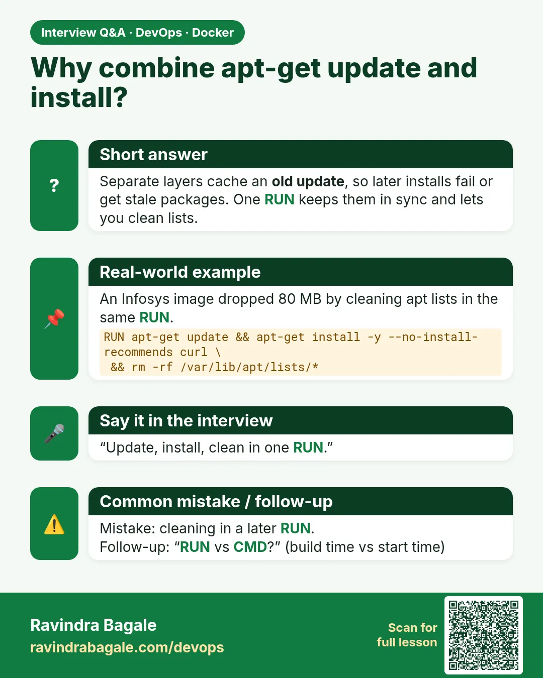 Why combine apt-get update and install? Separate layers cache an old update, so later installs fail or get stale packages. One RUN keeps them in sync and lets you clean lists.