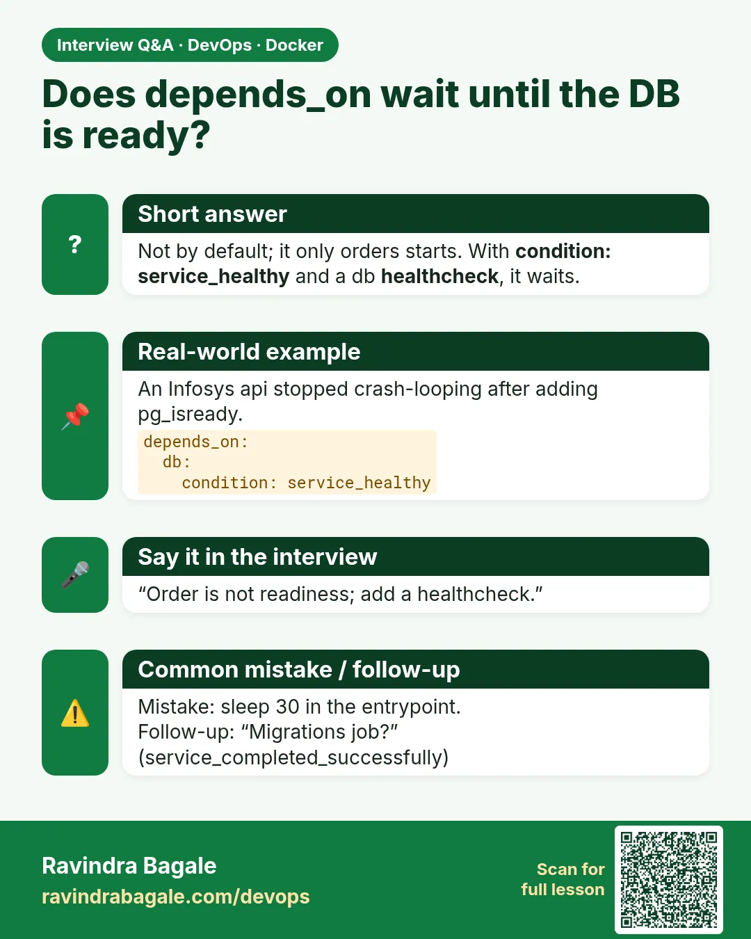 Does depends_on wait until the DB is ready? Not by default; it only orders starts. With condition: service_healthy and a db healthcheck, it waits.