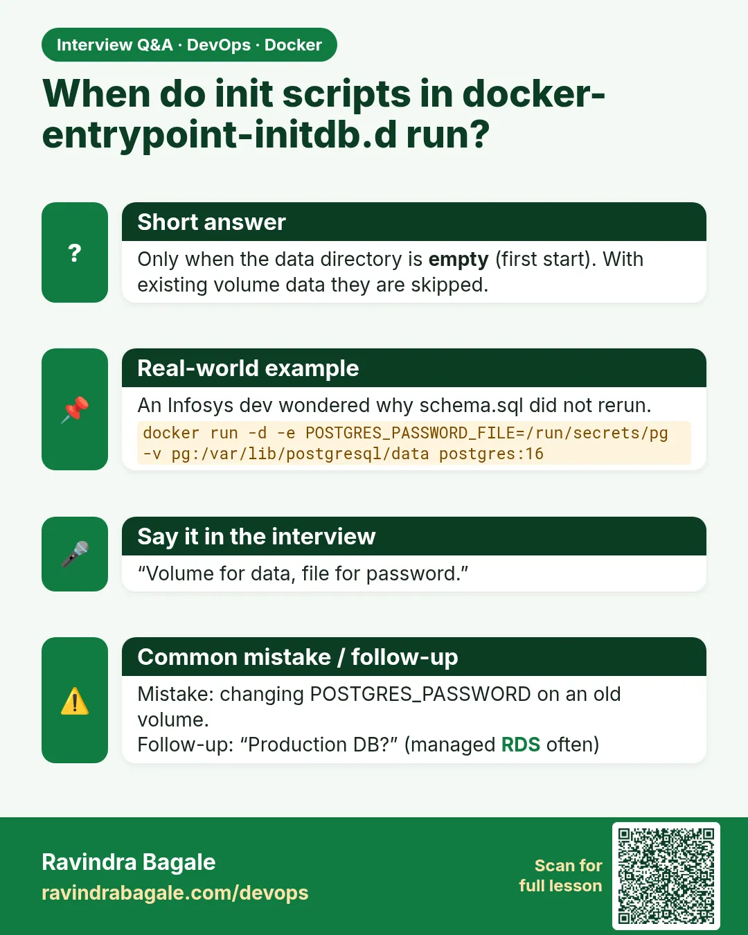 When do init scripts in docker-entrypoint-initdb.d run? Only when the data directory is empty (first start). With existing volume data they are skipped.