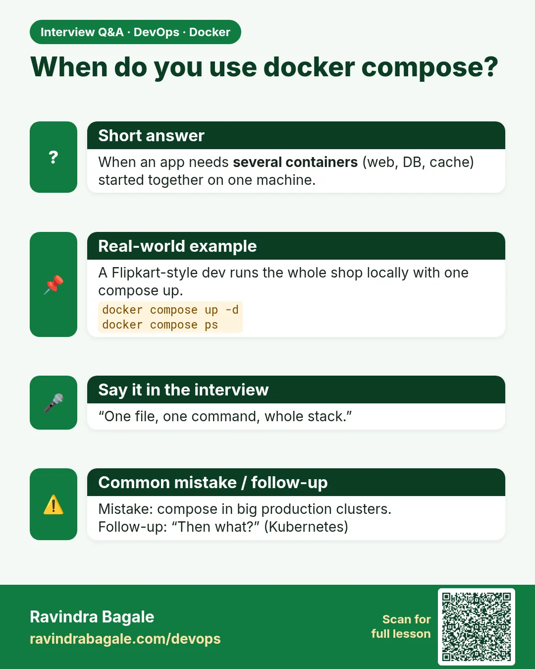 When do you use docker compose? When an app needs several containers (web, DB, cache) started together on one machine.