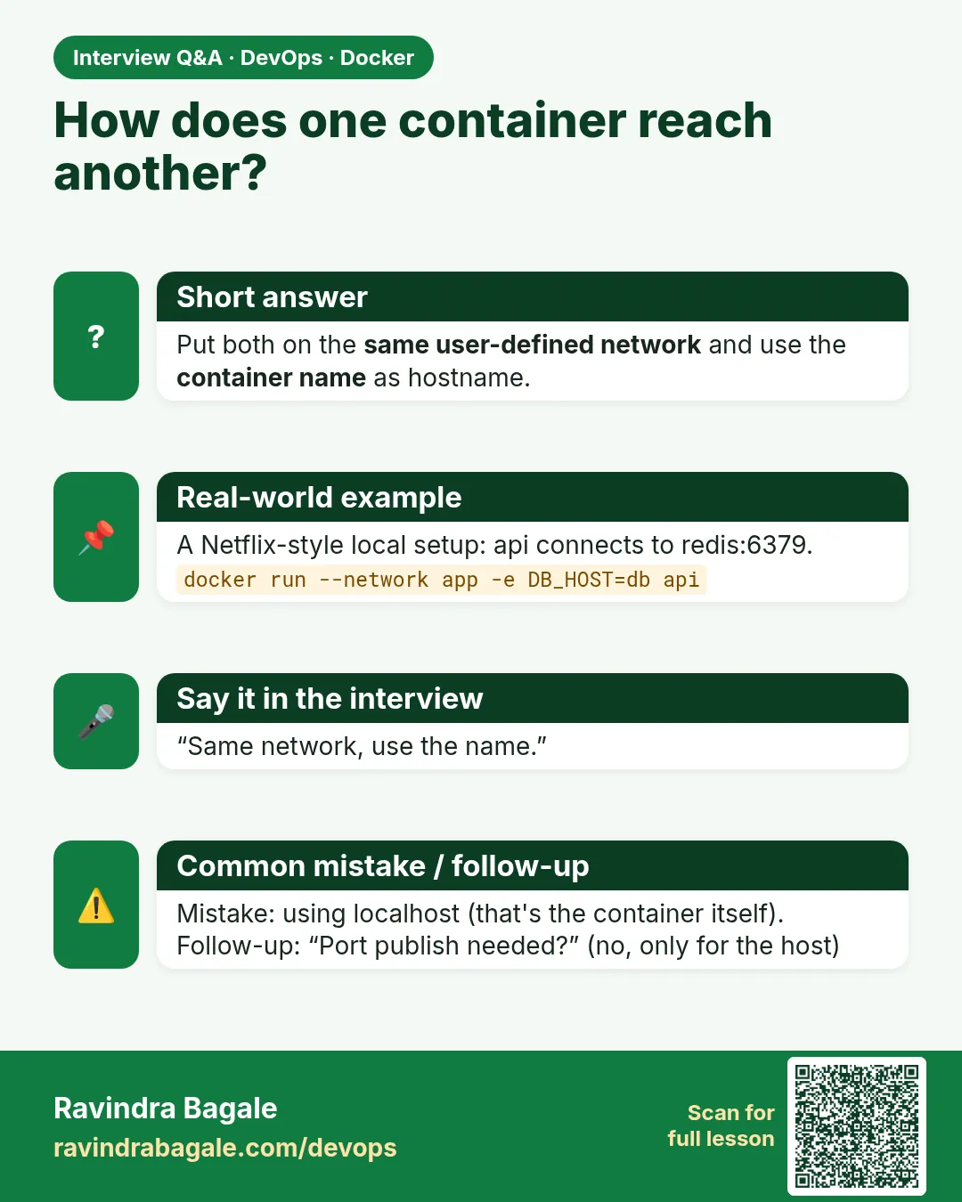 How does one container reach another? Put both on the same user-defined network and use the container name as hostname.