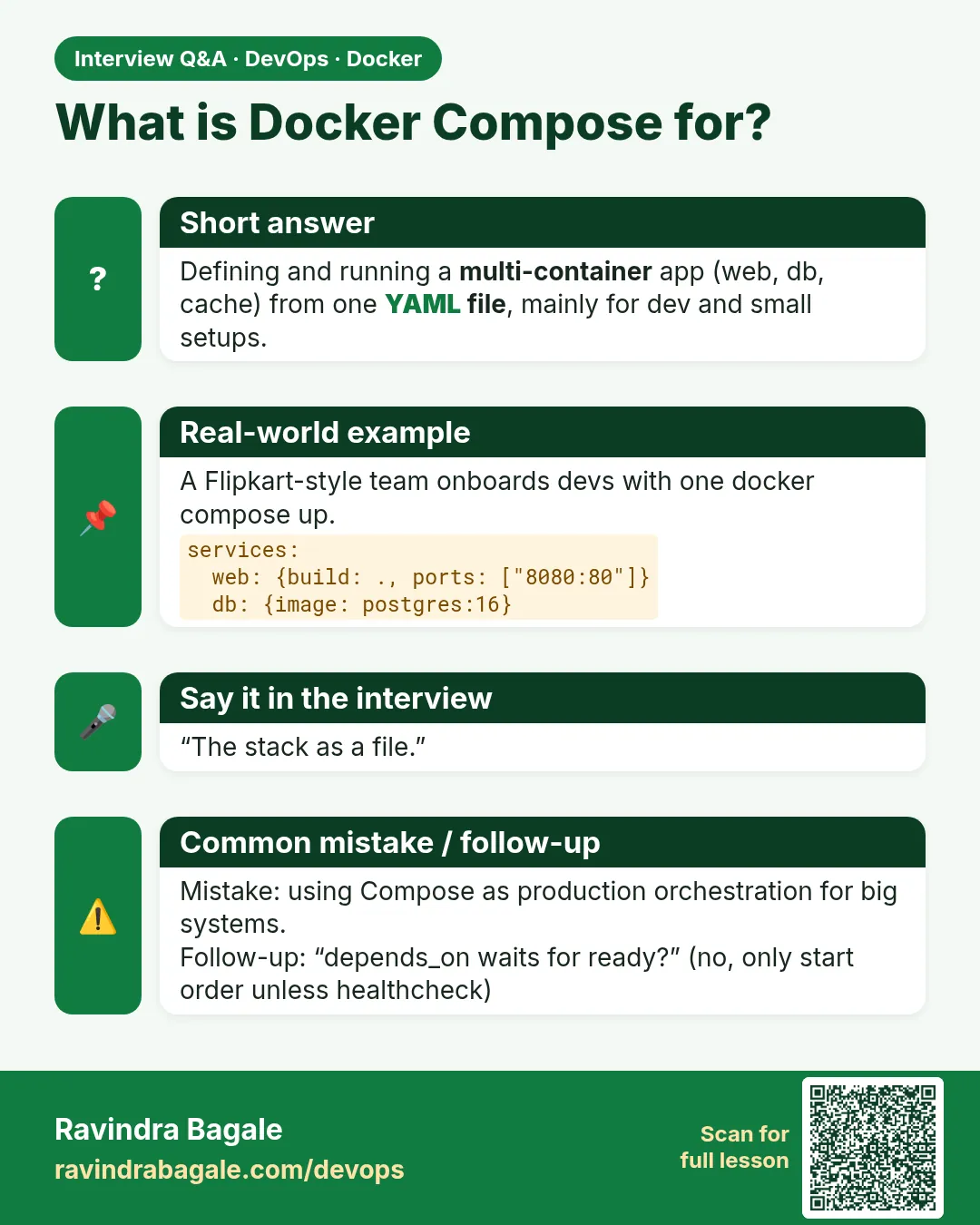 What is Docker Compose for? Defining and running a multi-container app (web, db, cache) from one YAML file, mainly for dev and small setups.