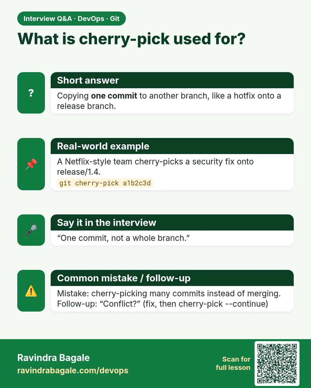 What is cherry-pick used for? Copying one commit to another branch, like a hotfix onto a release branch.