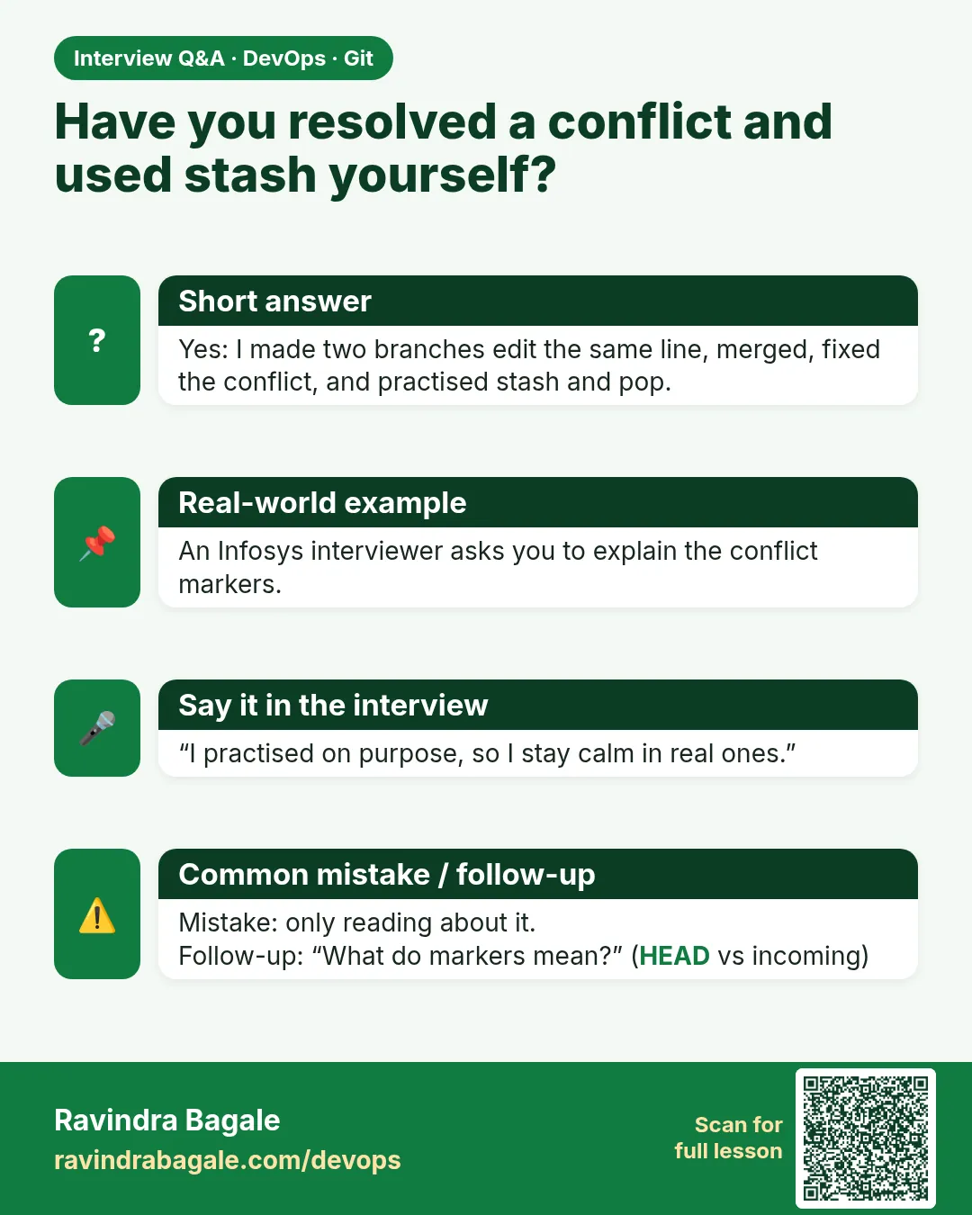 Have you resolved a conflict and used stash yourself? Yes: I made two branches edit the same line, merged, fixed the conflict, and practised stash and pop.