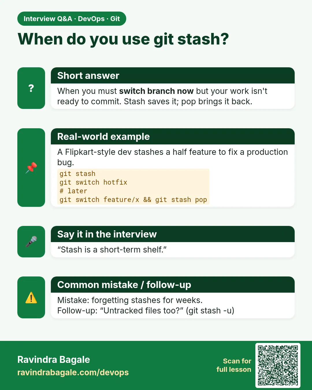 When do you use git stash? When you must switch branch now but your work isn't ready to commit. Stash saves it; pop brings it back.