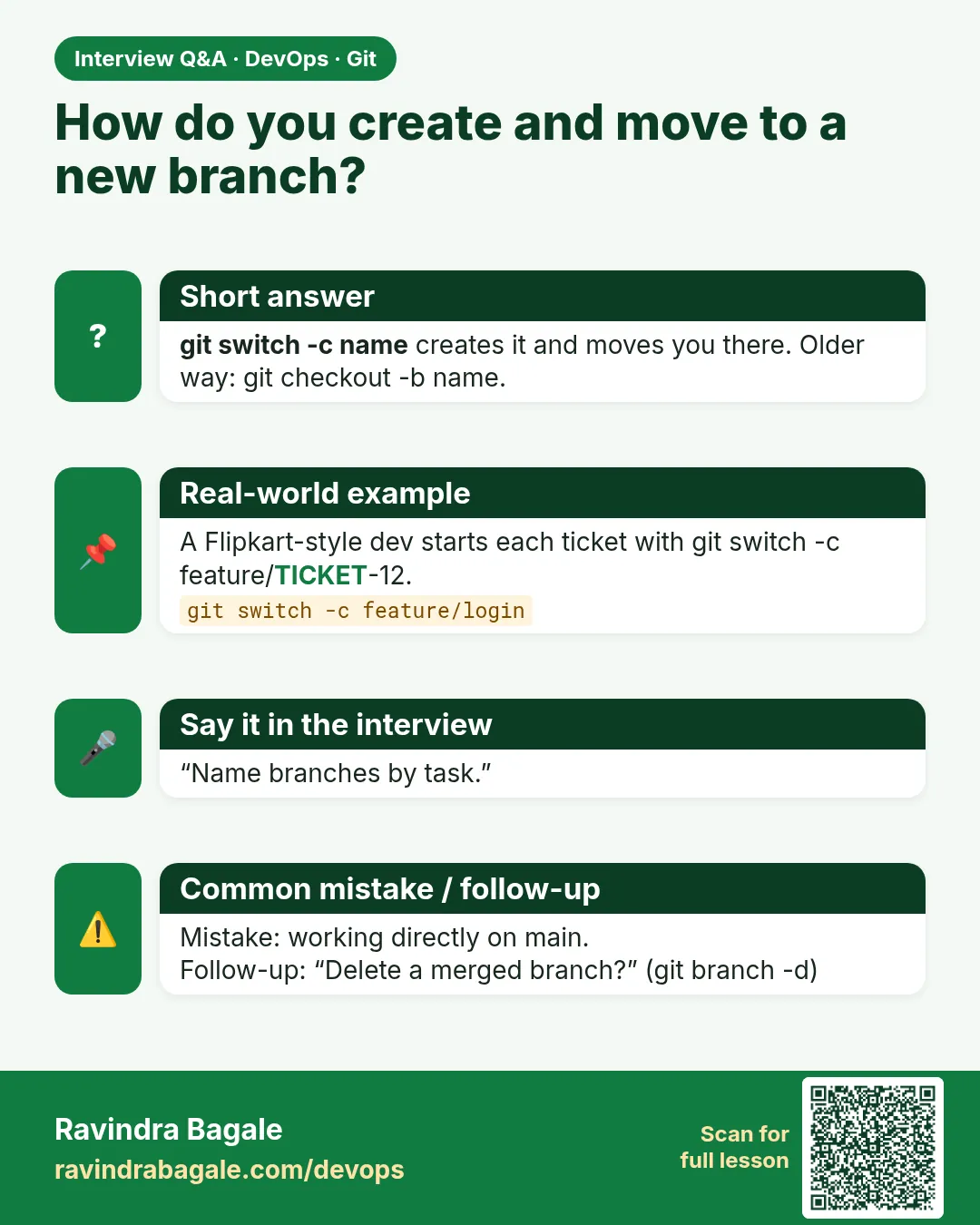 How do you create and move to a new branch? git switch -c name creates it and moves you there. Older way: git checkout -b name.