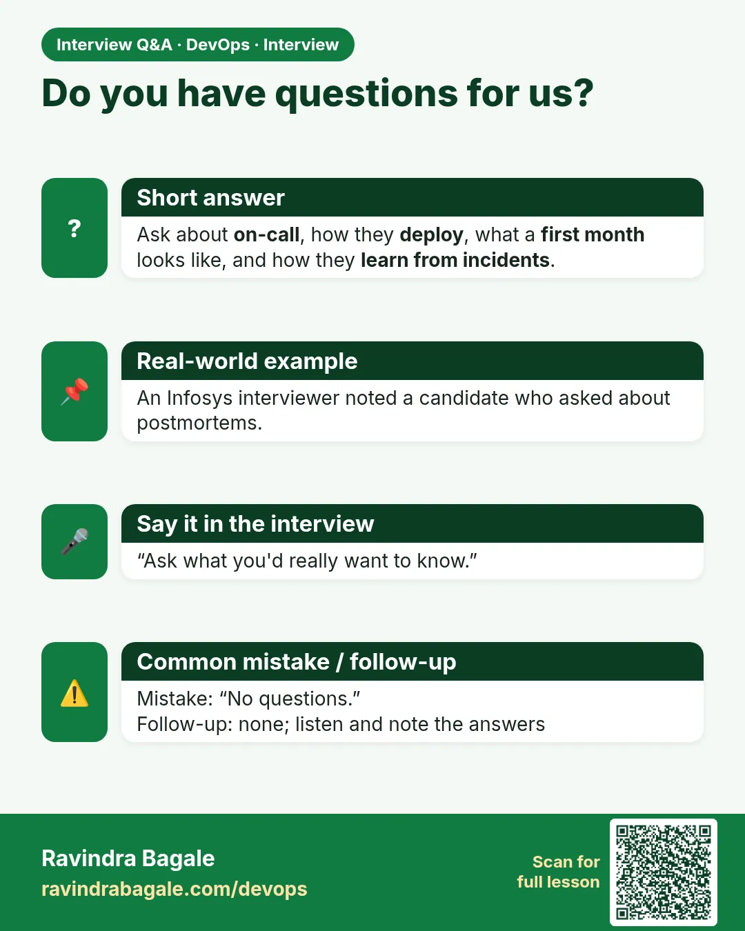 Do you have questions for us? Ask about on-call, how they deploy, what a first month looks like, and how they learn from incidents.